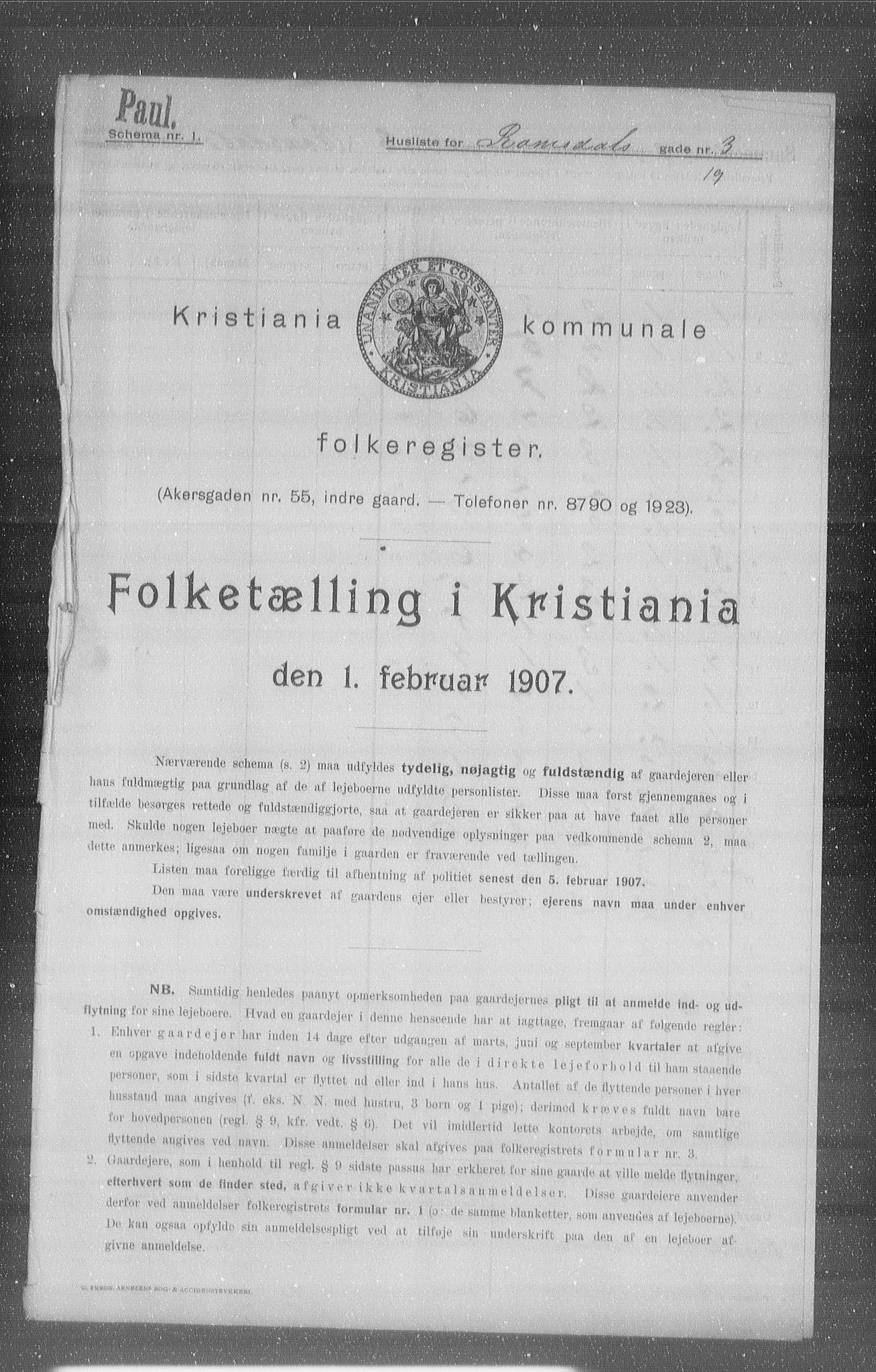 OBA, Kommunal folketelling 1.2.1907 for Kristiania kjøpstad, 1907, s. 42443