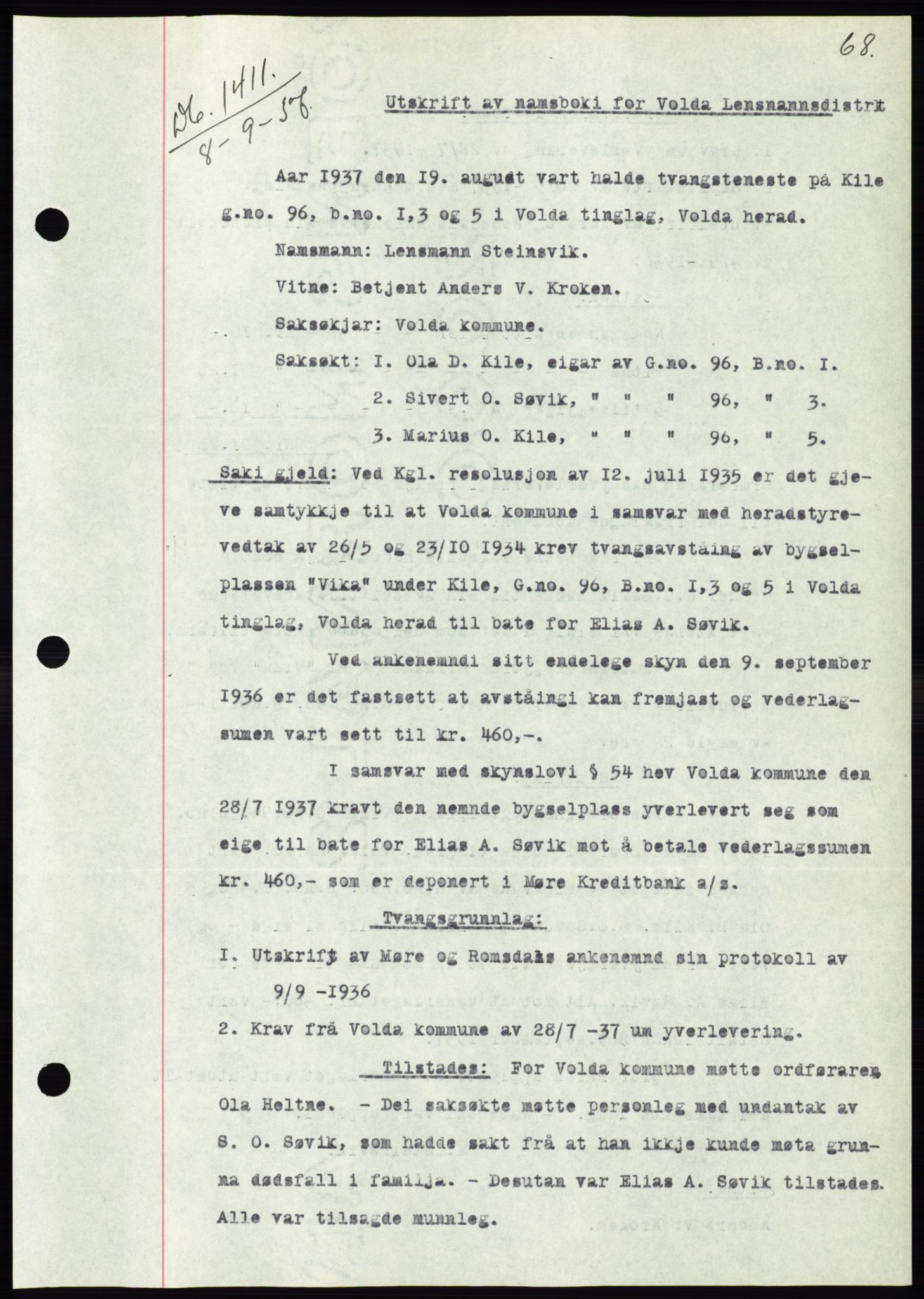 Søre Sunnmøre sorenskriveri, SAT/A-4122/1/2/2C/L0064: Pantebok nr. 58, 1937-1938, Dagboknr: 1411/1937