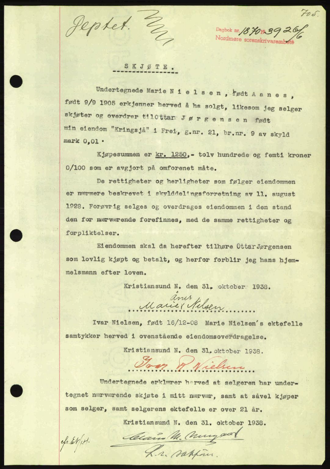 Nordmøre sorenskriveri, SAT/A-4132/1/2/2Ca: Pantebok nr. A86, 1939-1939, Dagboknr: 1870/1939