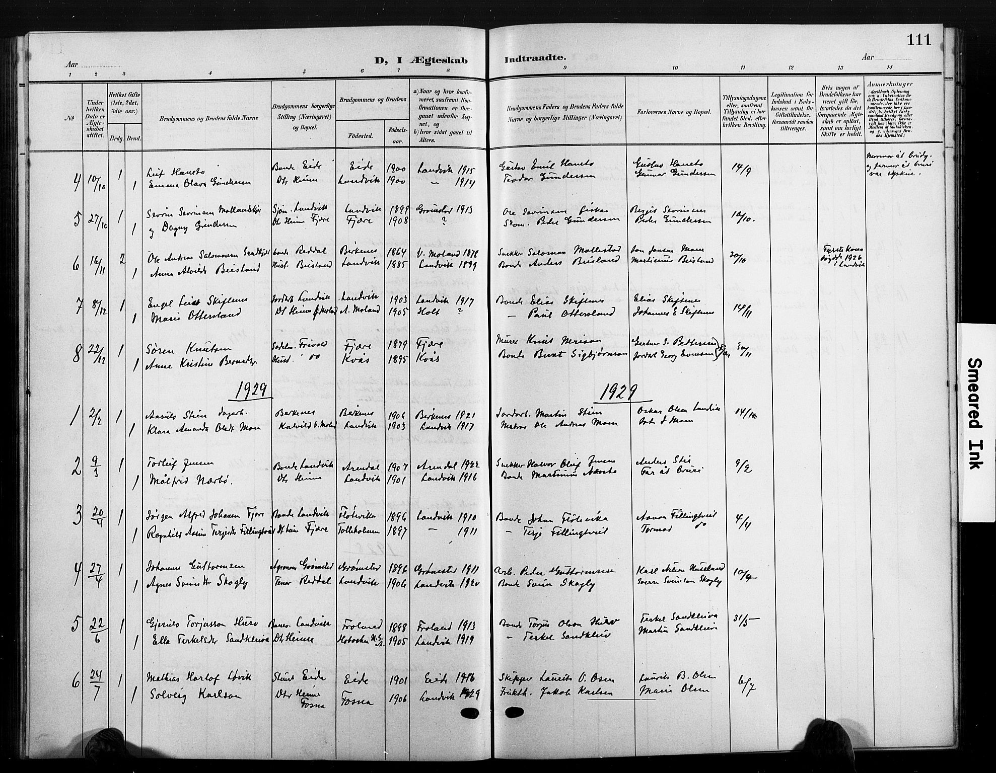 Hommedal sokneprestkontor, AV/SAK-1111-0023/F/Fb/Fbb/L0008: Klokkerbok nr. B 8, 1905-1929, s. 111