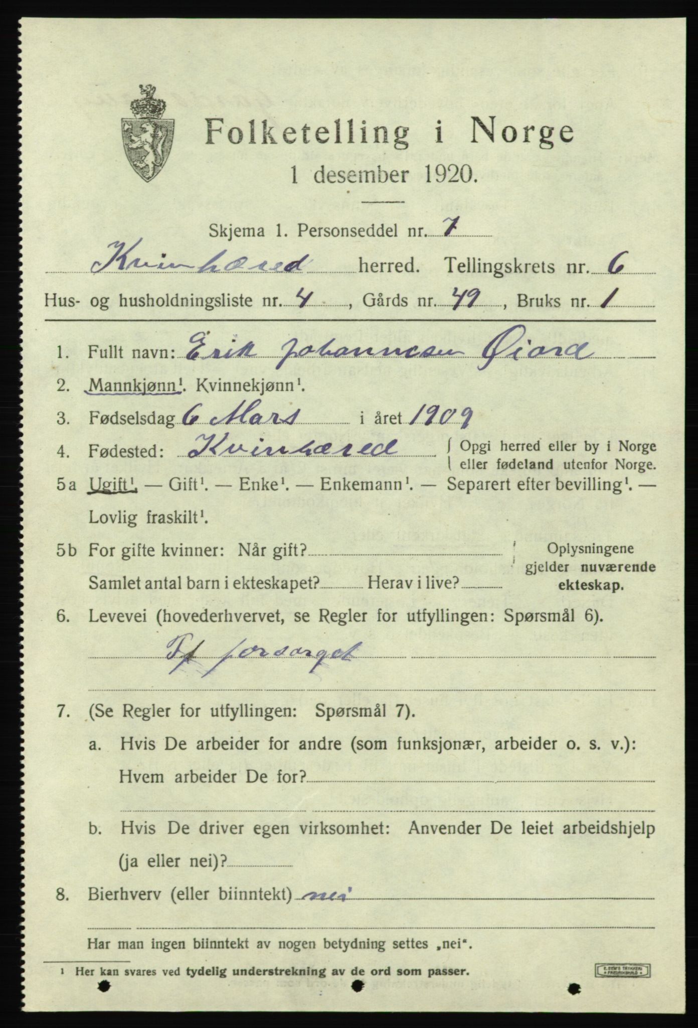 SAB, Folketelling 1920 for 1224 Kvinnherad herred, 1920, s. 6260