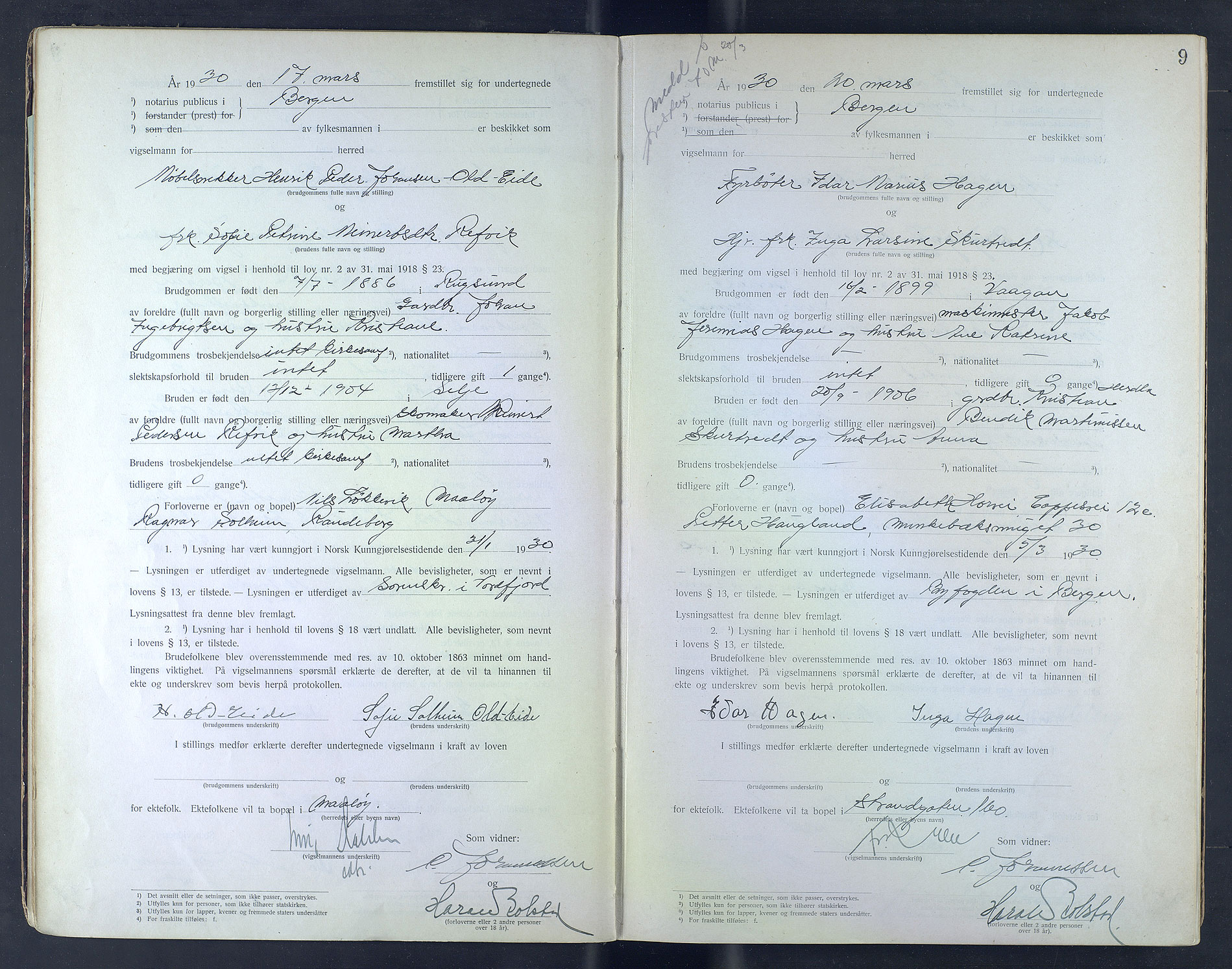 Byfogd og Byskriver i Bergen, AV/SAB-A-3401/10/10F/L0005: Vielsesprotokoller, 1930-1931, s. 9