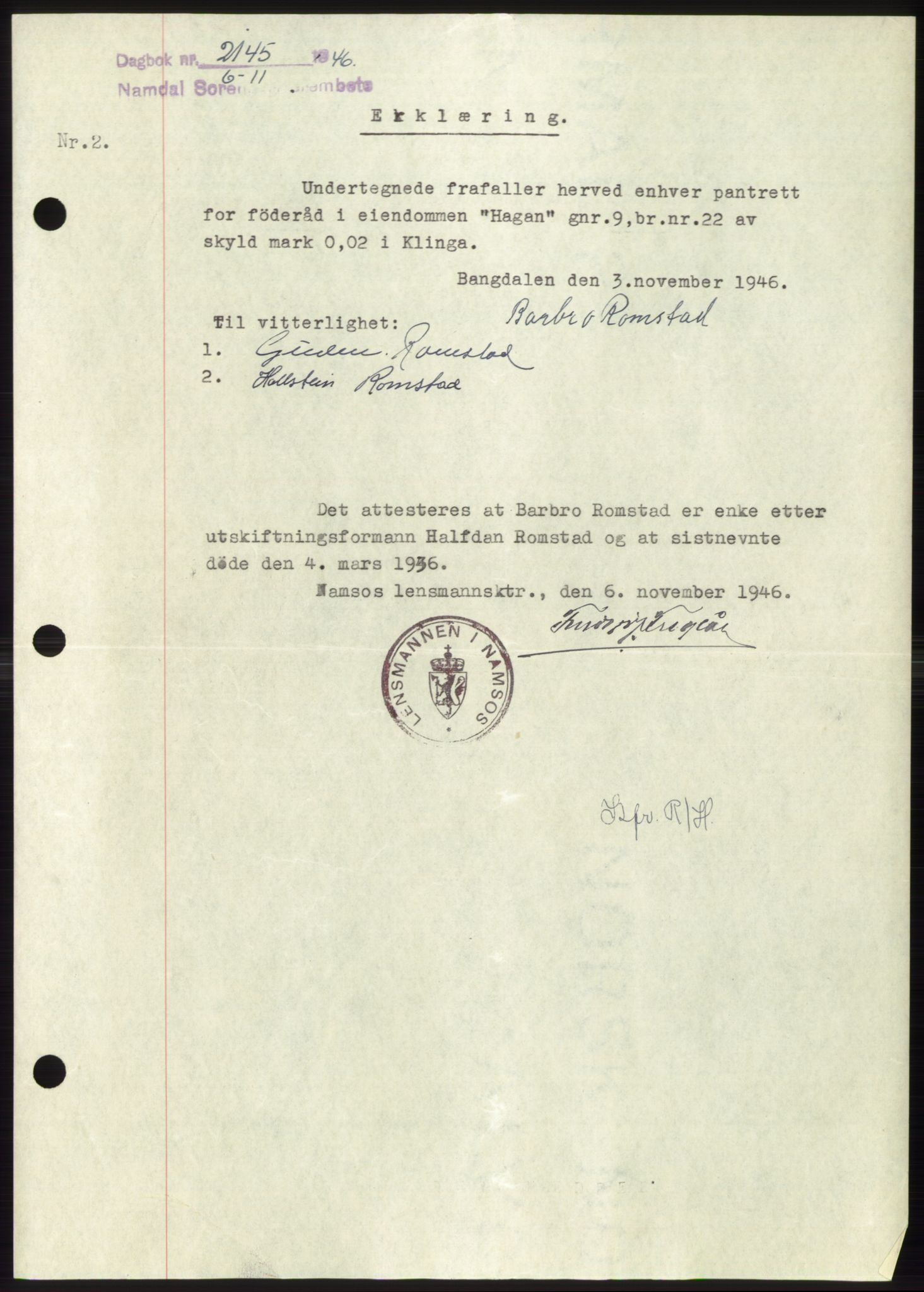 Namdal sorenskriveri, SAT/A-4133/1/2/2C: Pantebok nr. -, 1946-1947, Dagboknr: 2145/1946