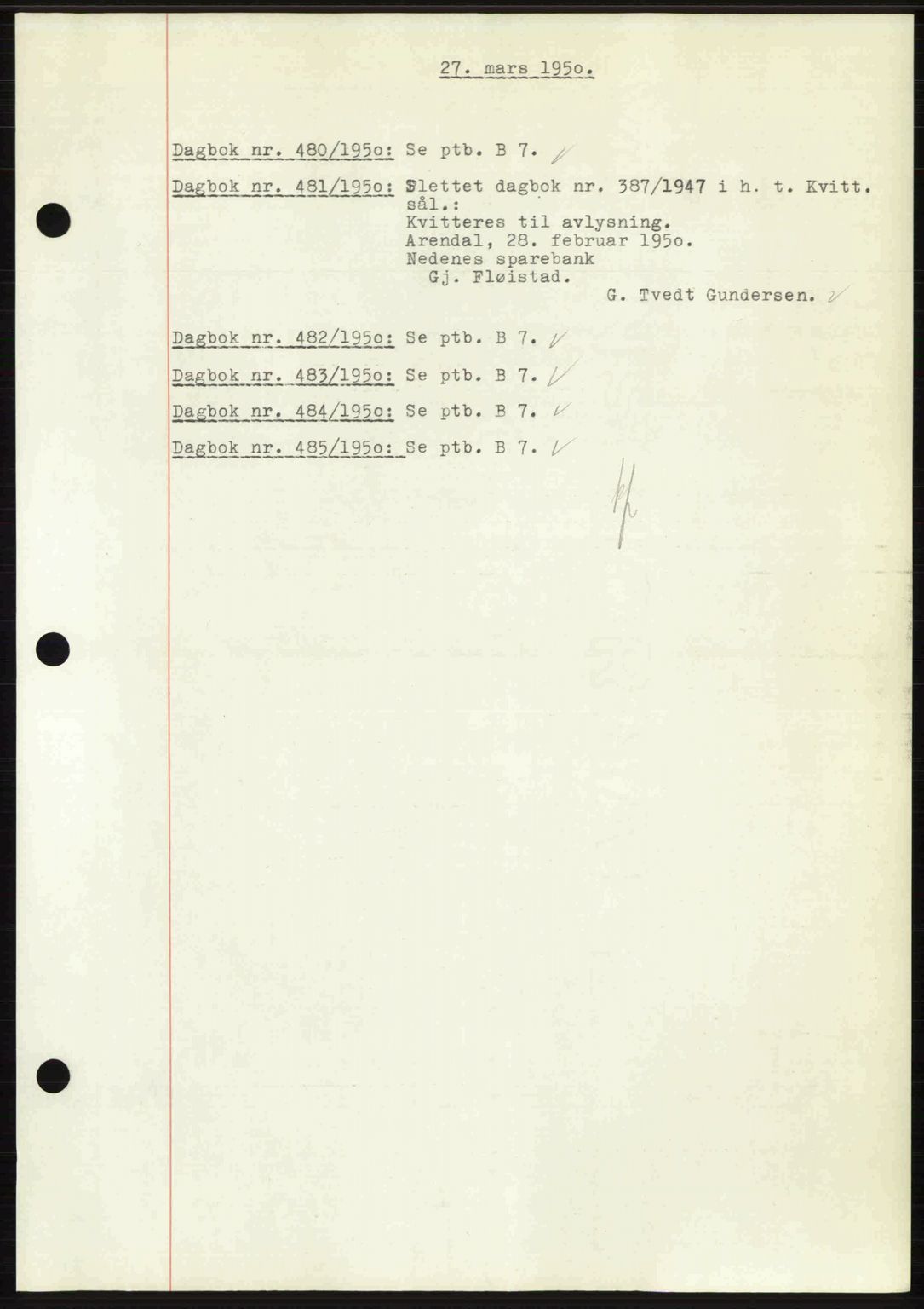 Nedenes sorenskriveri, AV/SAK-1221-0006/G/Gb/Gba/L0062: Pantebok nr. A14, 1949-1950, Dagboknr: 480/1950