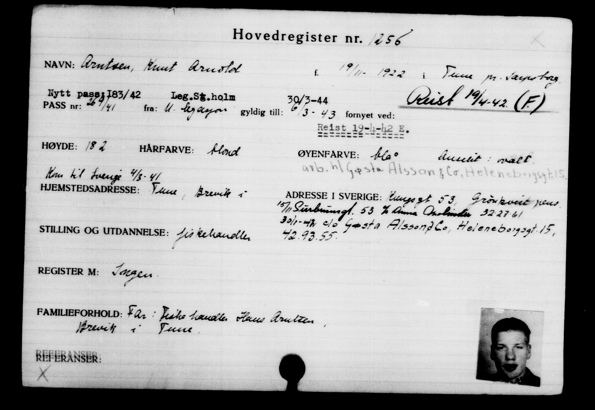 Utenriksstasjonene, Legasjonen i Stockholm, Flyktningkontoret, AV/RA-S-6753/V/Va/L0002: Kjesäterkartoteket, flyktninger med registreringsnr. 1001-2000, 1940-1945, s. 375