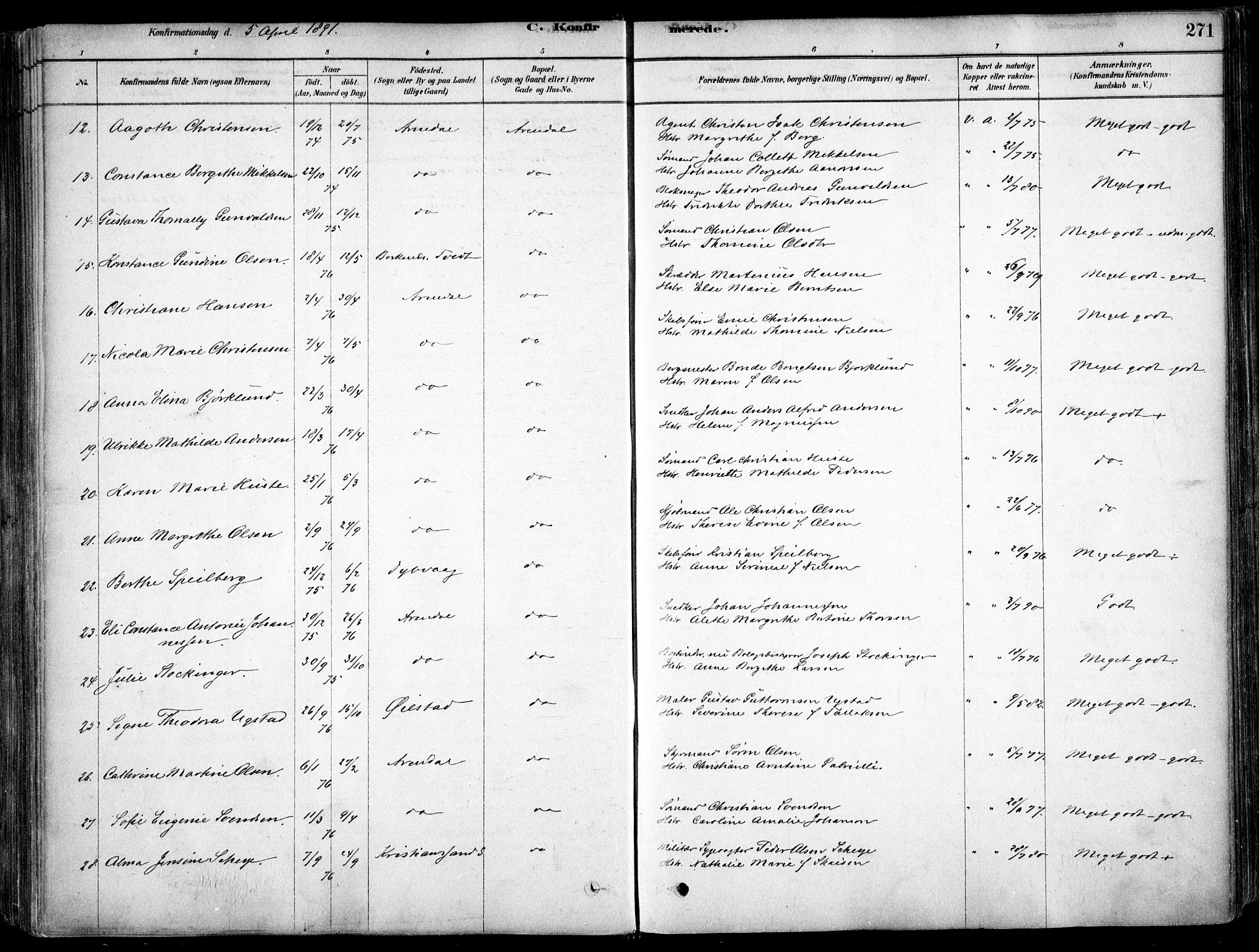 Arendal sokneprestkontor, Trefoldighet, AV/SAK-1111-0040/F/Fa/L0008: Ministerialbok nr. A 8, 1878-1899, s. 271