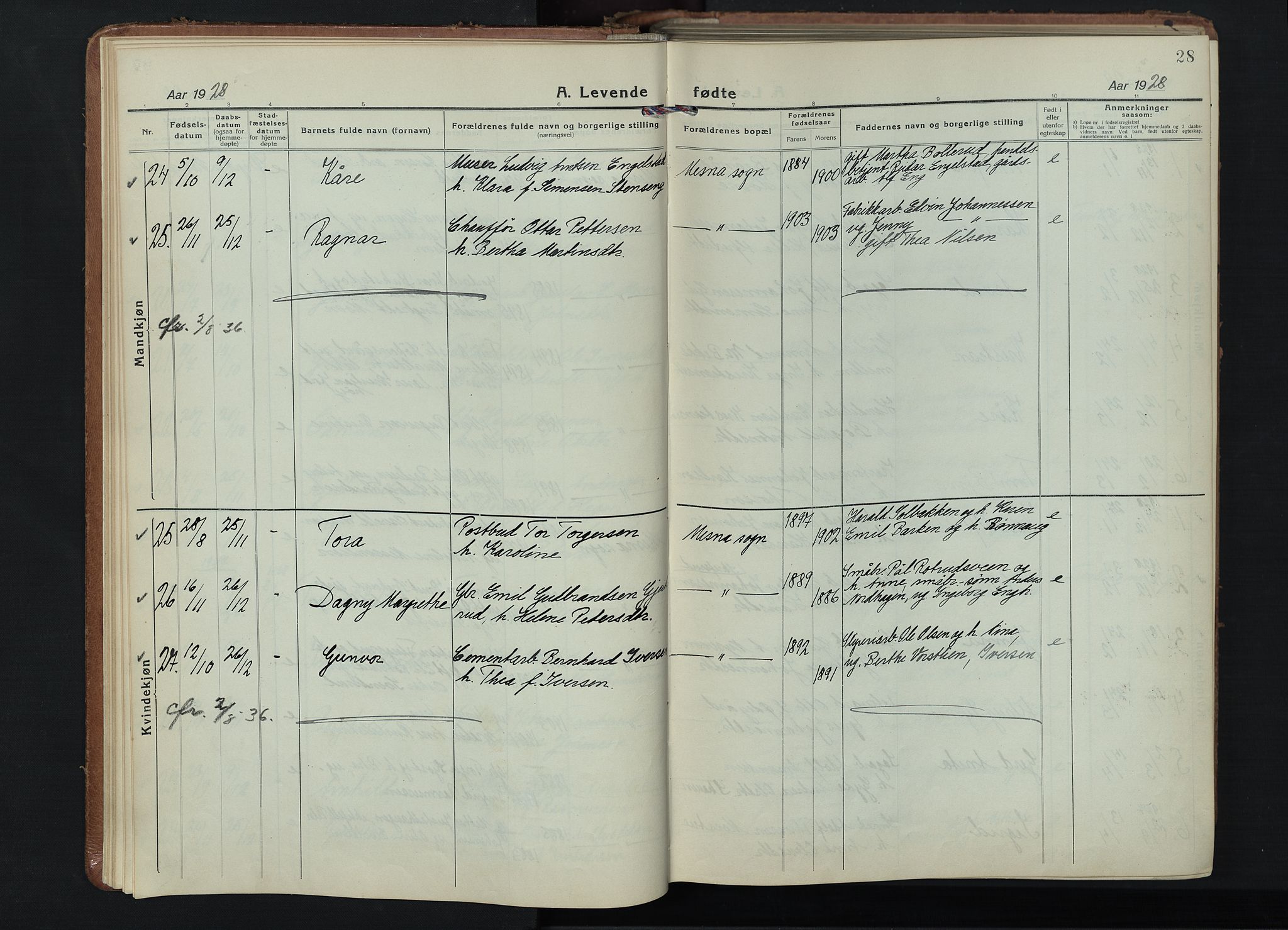 Fåberg prestekontor, AV/SAH-PREST-086/H/Ha/Hab/L0015: Klokkerbok nr. 15, 1924-1949, s. 28