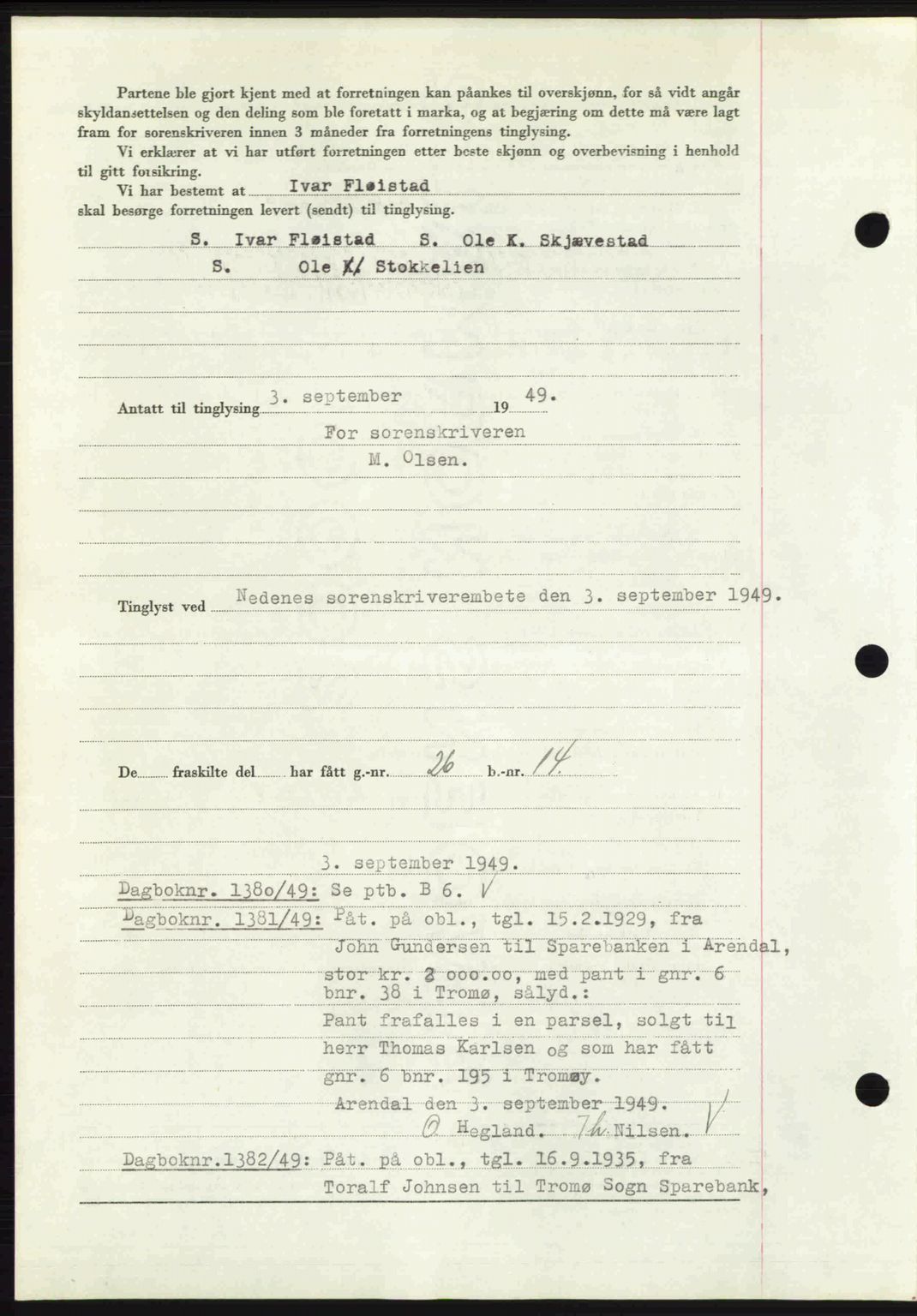 Nedenes sorenskriveri, AV/SAK-1221-0006/G/Gb/Gba/L0061: Pantebok nr. A13, 1949-1949, Dagboknr: 1379/1949