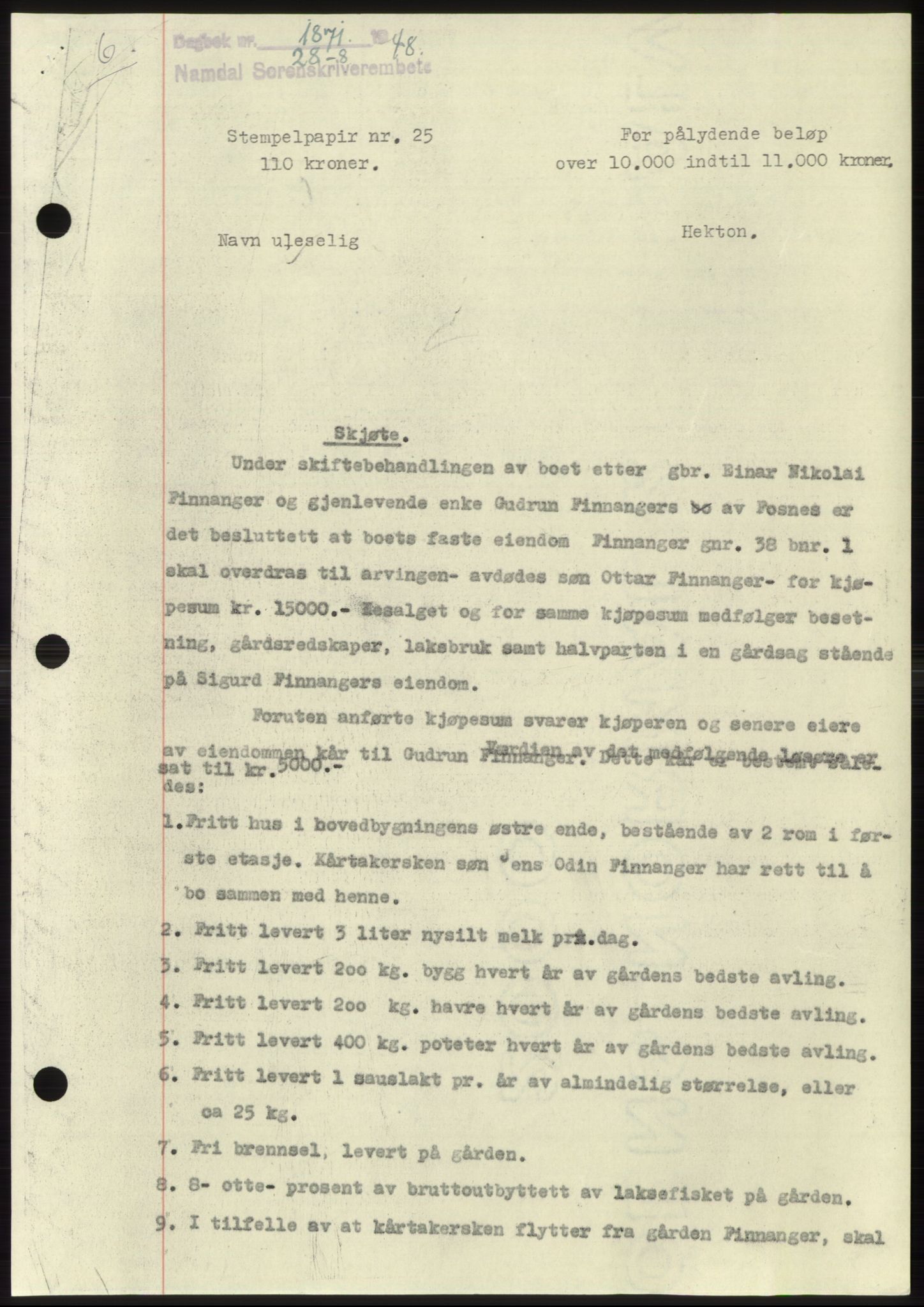 Namdal sorenskriveri, SAT/A-4133/1/2/2C: Pantebok nr. -, 1948-1948, Dagboknr: 1871/1948
