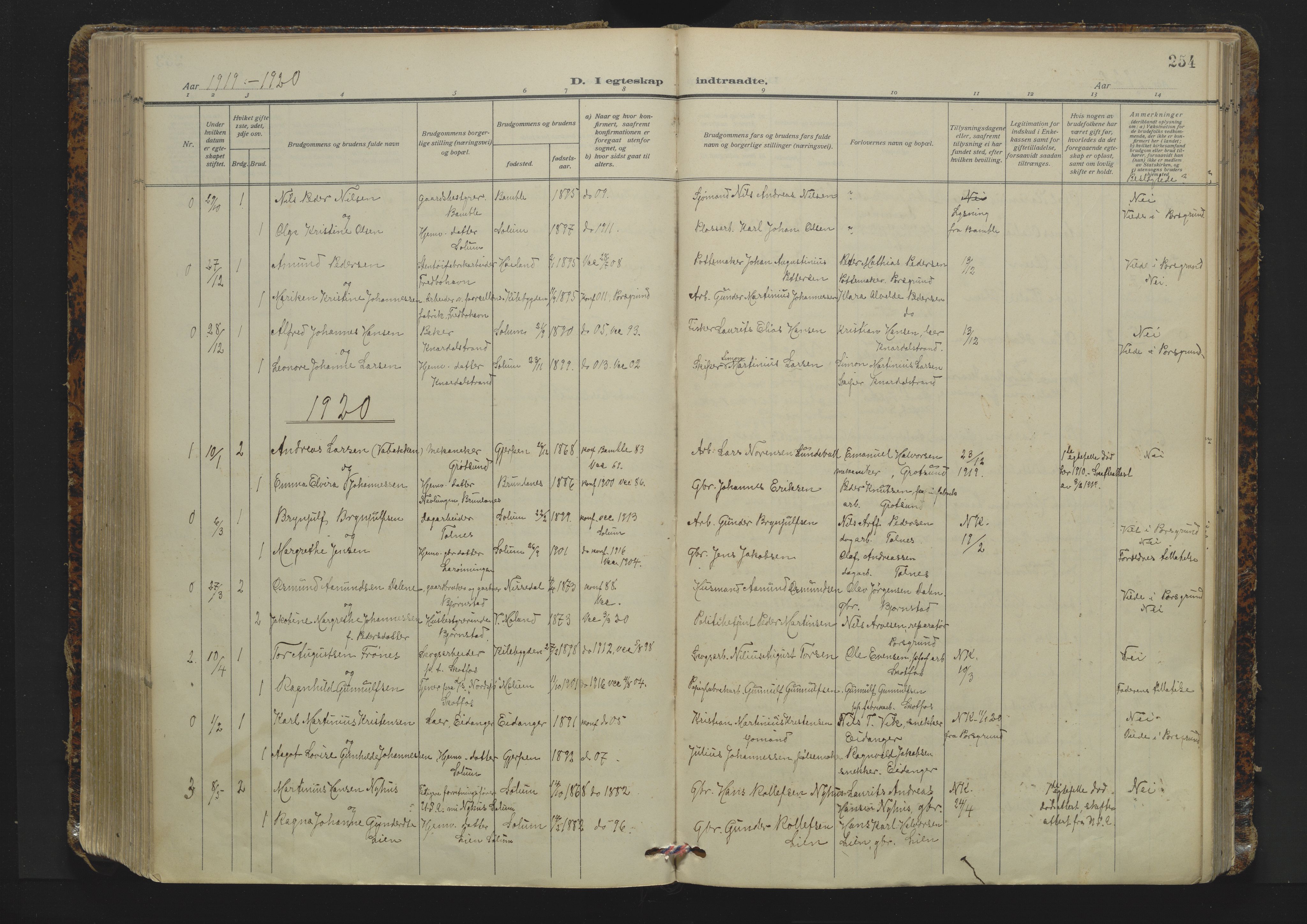 Solum kirkebøker, AV/SAKO-A-306/F/Fa/L0012: Ministerialbok nr. I 12, 1909-1922, s. 254