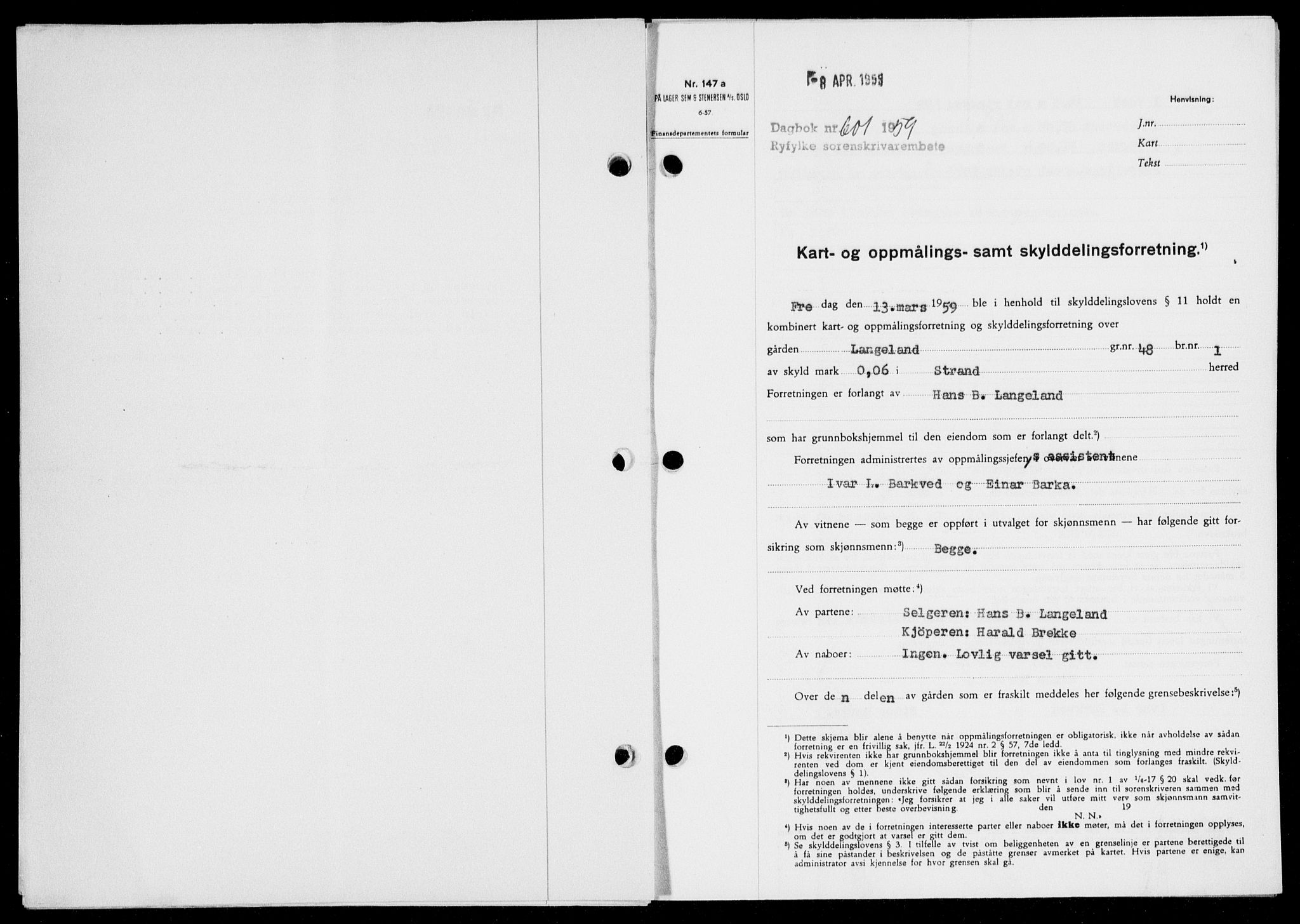 Ryfylke tingrett, SAST/A-100055/001/II/IIB/L0146: Pantebok nr. 125, 1965-1959, Dagboknr: 601/1959