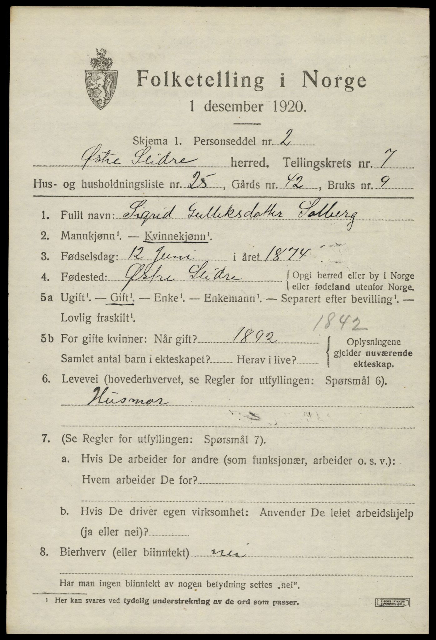 SAH, Folketelling 1920 for 0544 Øystre Slidre herred, 1920, s. 4271