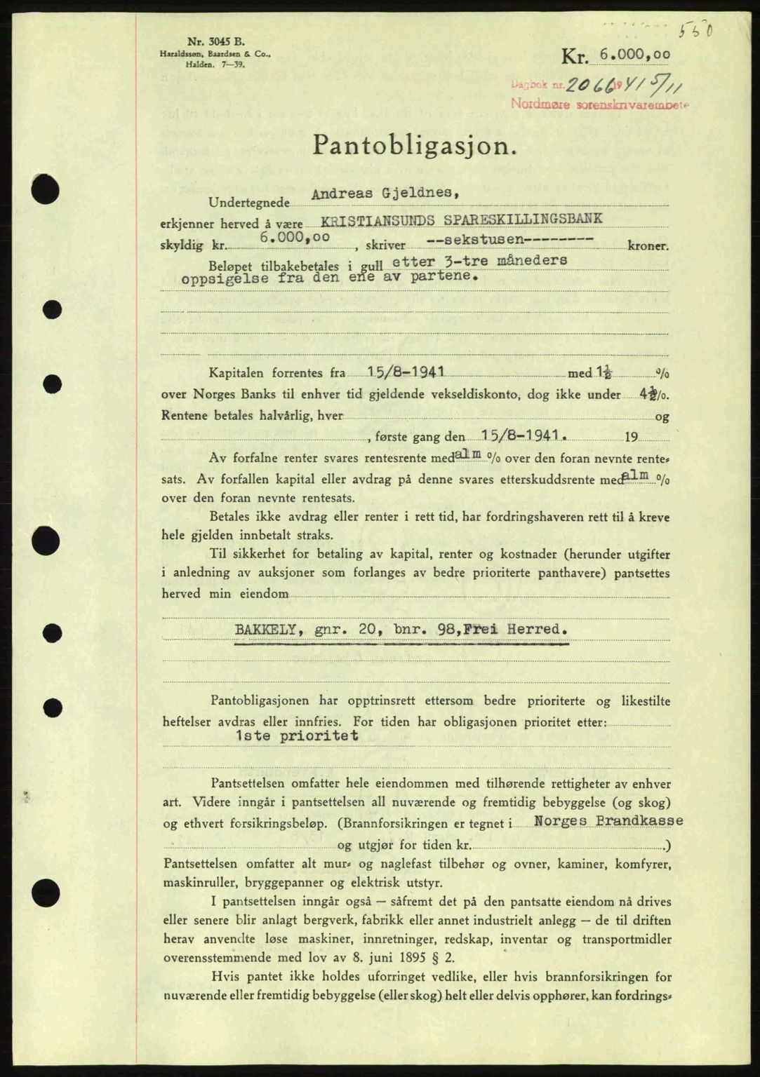 Nordmøre sorenskriveri, SAT/A-4132/1/2/2Ca: Pantebok nr. B88, 1941-1942, Dagboknr: 2066/1941