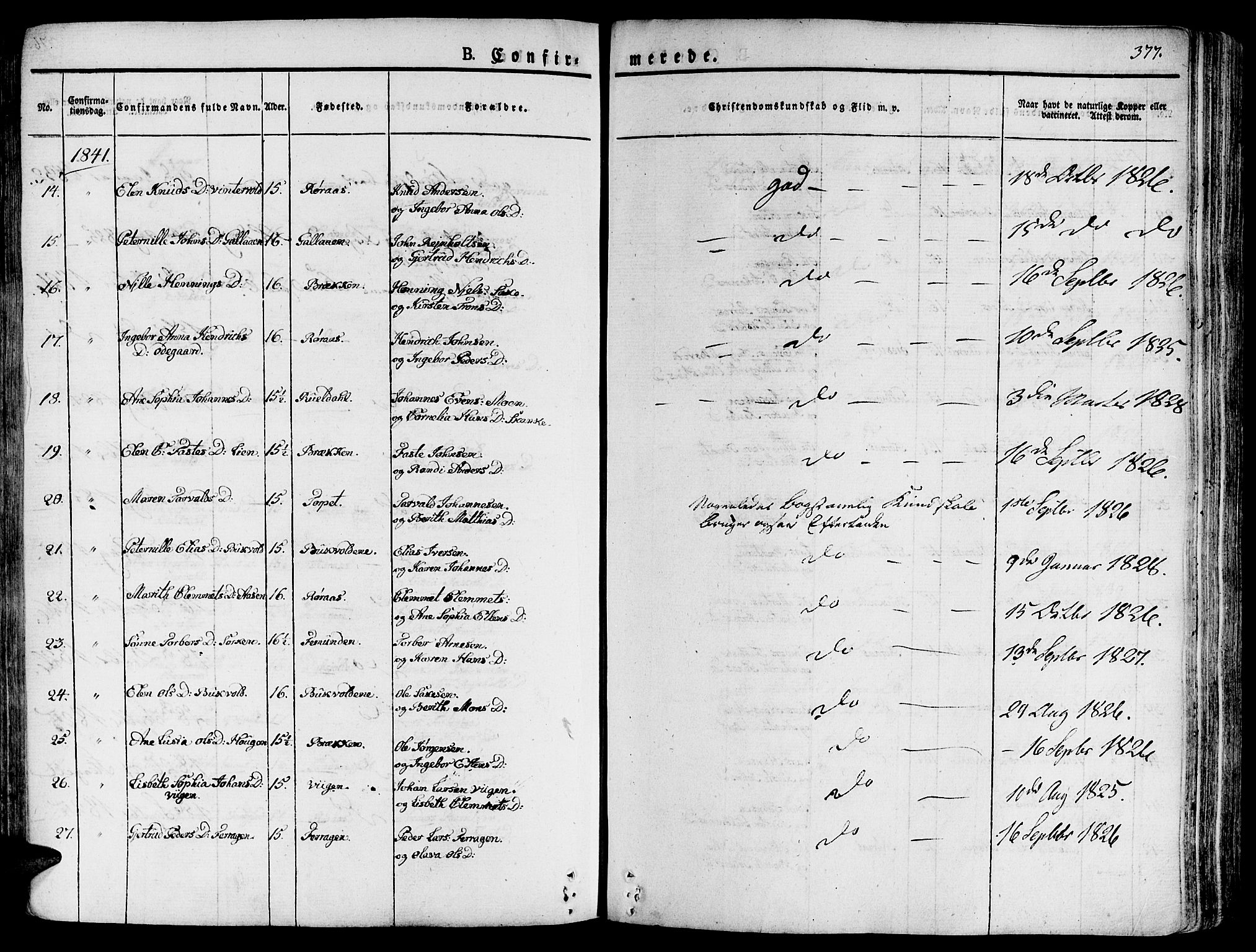 Ministerialprotokoller, klokkerbøker og fødselsregistre - Sør-Trøndelag, AV/SAT-A-1456/681/L0930: Ministerialbok nr. 681A08, 1829-1844, s. 377