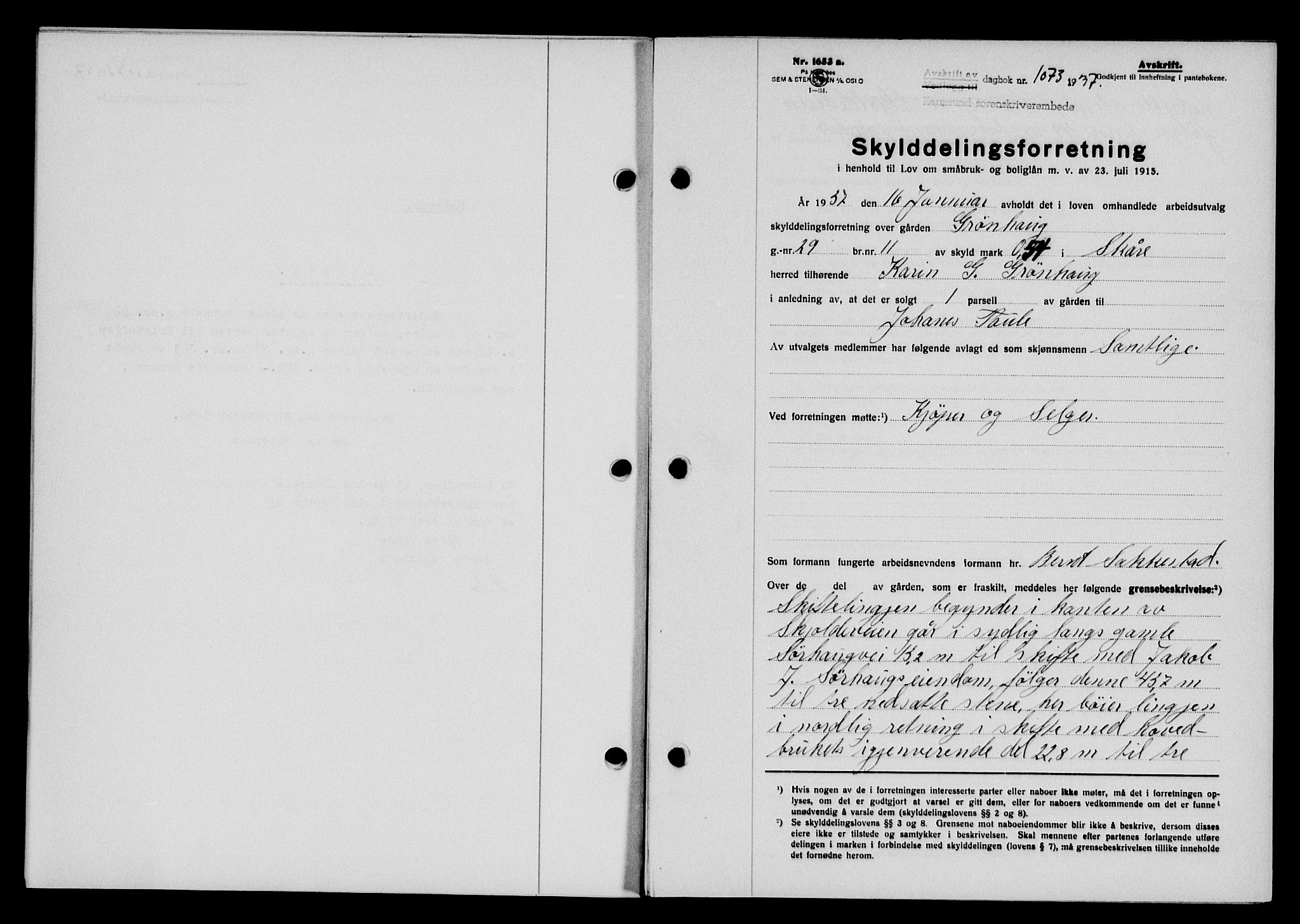Karmsund sorenskriveri, SAST/A-100311/01/II/IIB/L0068: Pantebok nr. 49A, 1937-1937, Dagboknr: 1073/1937