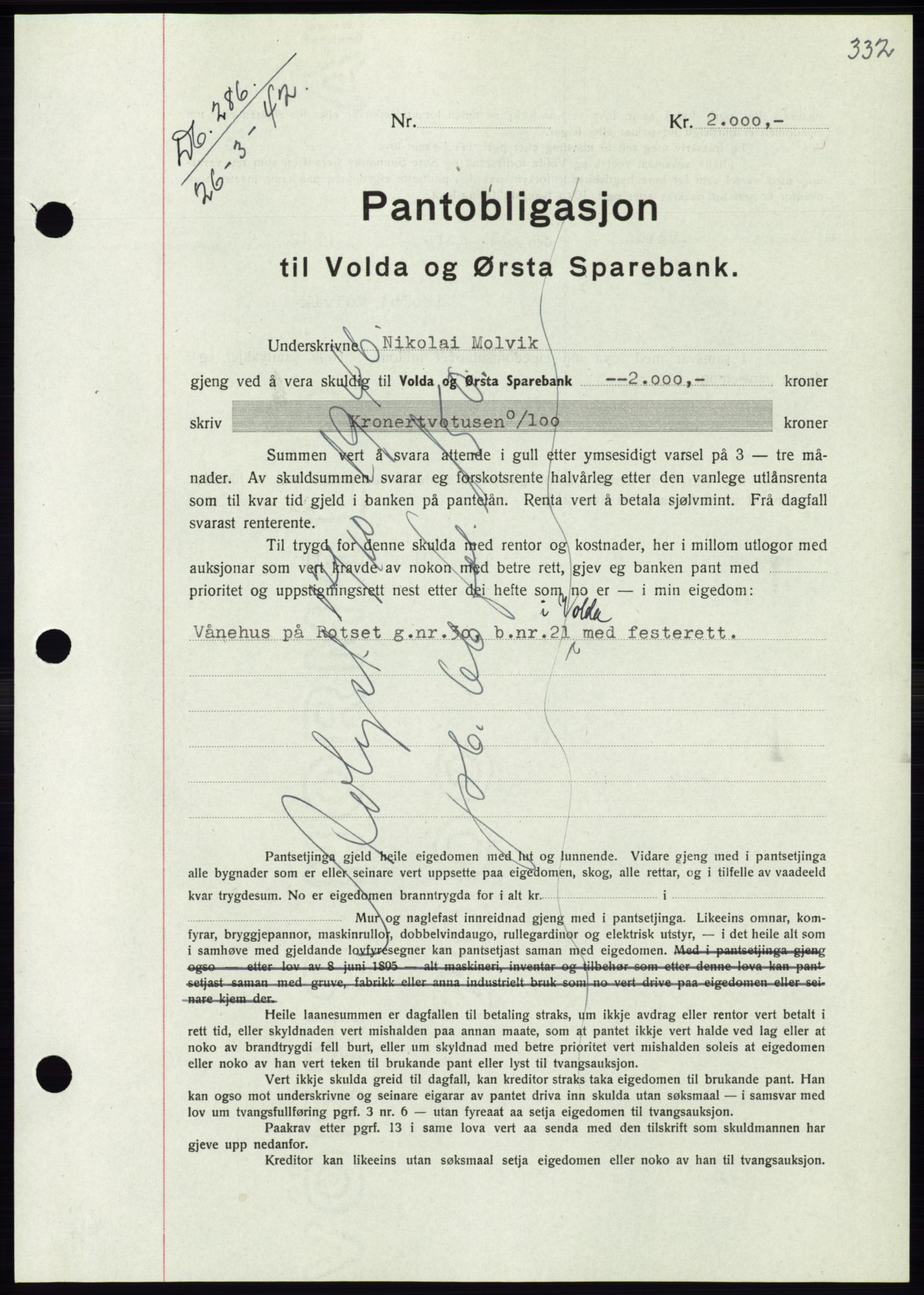 Søre Sunnmøre sorenskriveri, SAT/A-4122/1/2/2C/L0073: Pantebok nr. 67, 1941-1942, Dagboknr: 286/1942