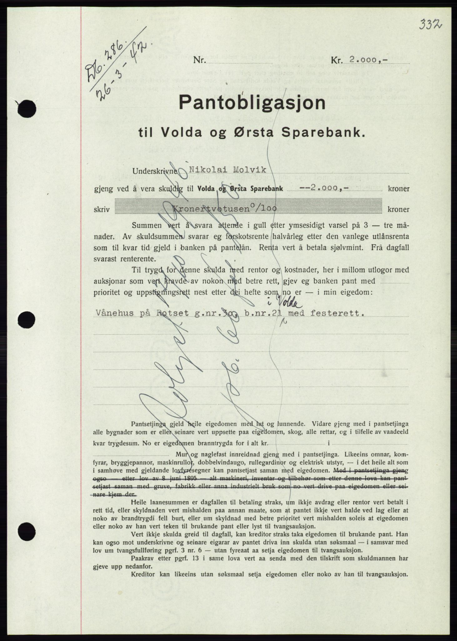 Søre Sunnmøre sorenskriveri, AV/SAT-A-4122/1/2/2C/L0073: Pantebok nr. 67, 1941-1942, Dagboknr: 286/1942