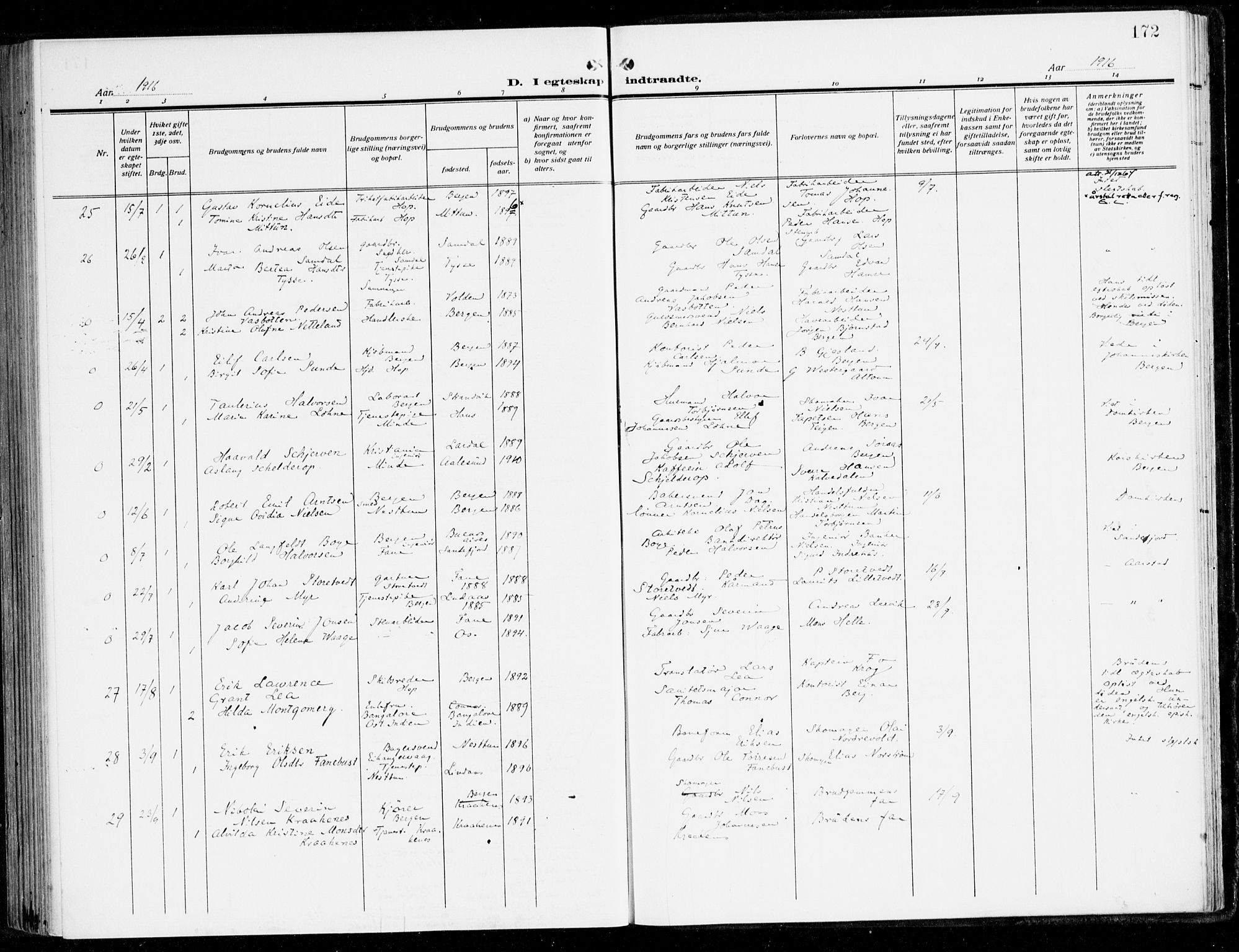 Fana Sokneprestembete, AV/SAB-A-75101/H/Haa/Haai/L0004: Ministerialbok nr. I 4, 1912-1933, s. 172