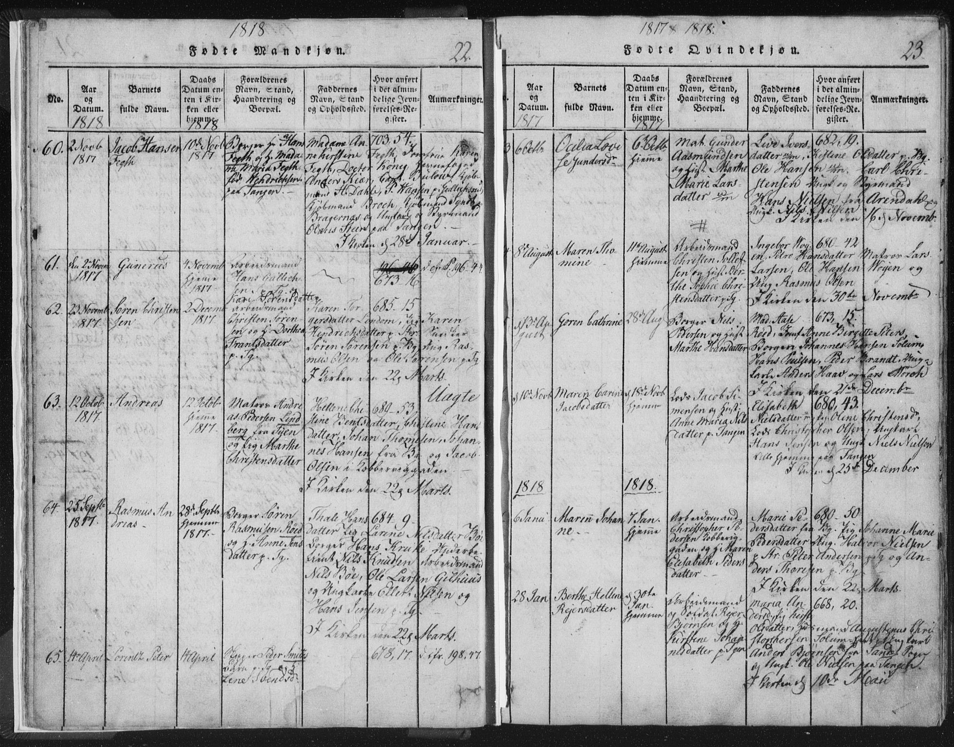 Strømsø kirkebøker, AV/SAKO-A-246/F/Fb/L0004: Ministerialbok nr. II 4, 1814-1843, s. 22-23