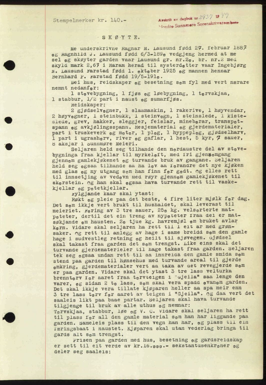 Nordre Sunnmøre sorenskriveri, AV/SAT-A-0006/1/2/2C/2Ca: Pantebok nr. A33, 1949-1950, Dagboknr: 2937/1949