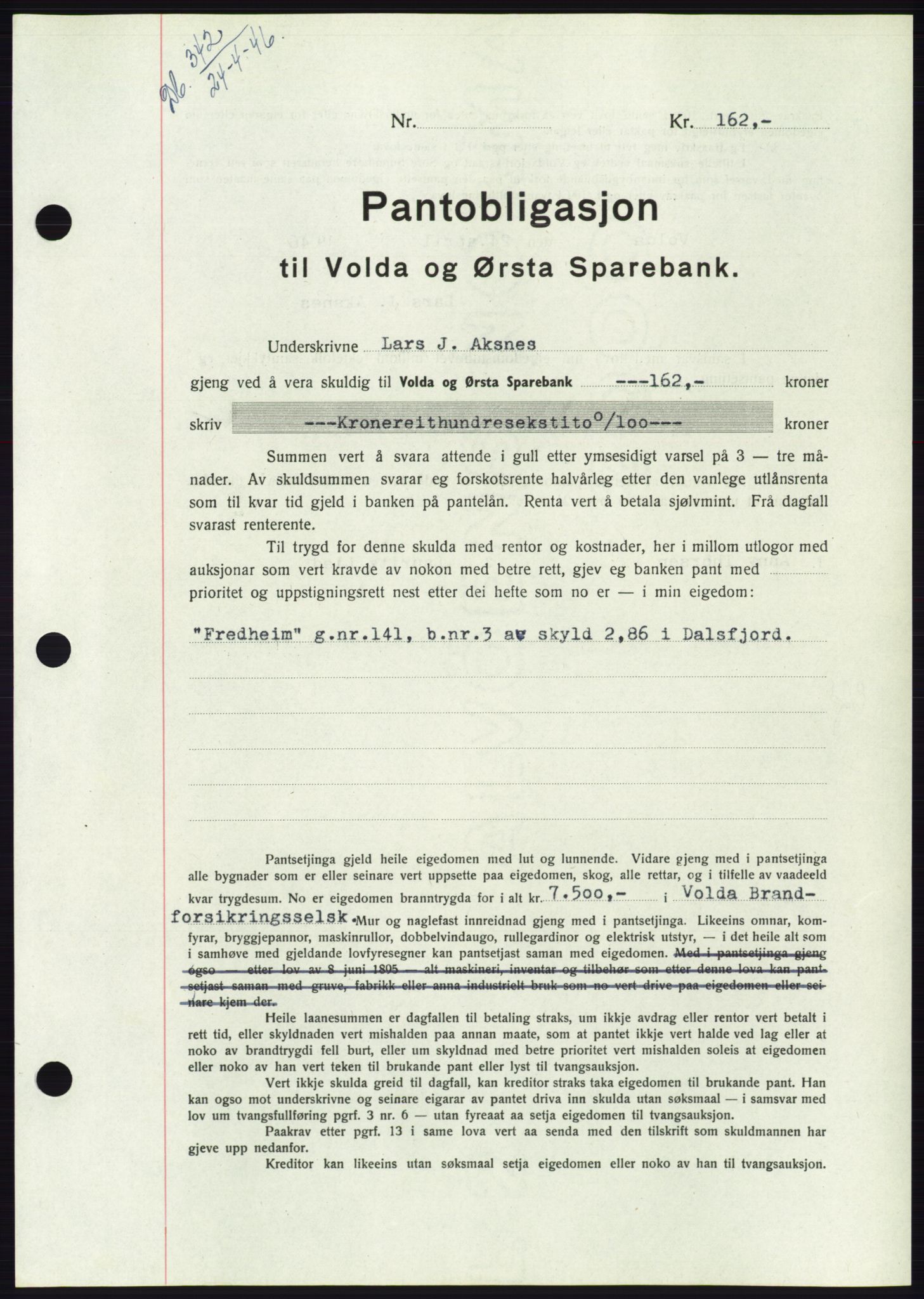 Søre Sunnmøre sorenskriveri, AV/SAT-A-4122/1/2/2C/L0114: Pantebok nr. 1-2B, 1943-1947, Dagboknr: 342/1946