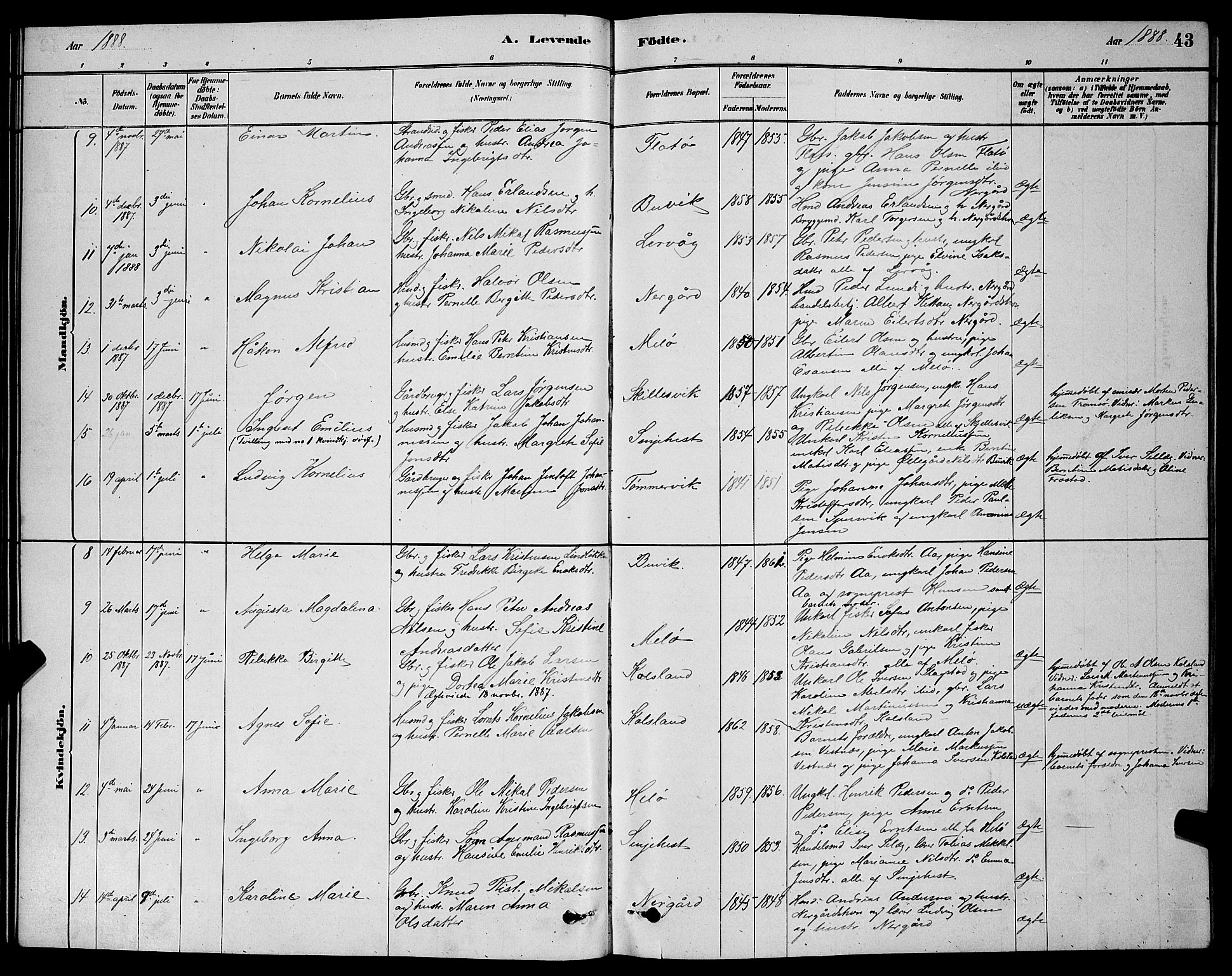 Sand/Bjarkøy sokneprestkontor, AV/SATØ-S-0811/I/Ia/Iab/L0002klokker: Klokkerbok nr. 2, 1878-1890, s. 43