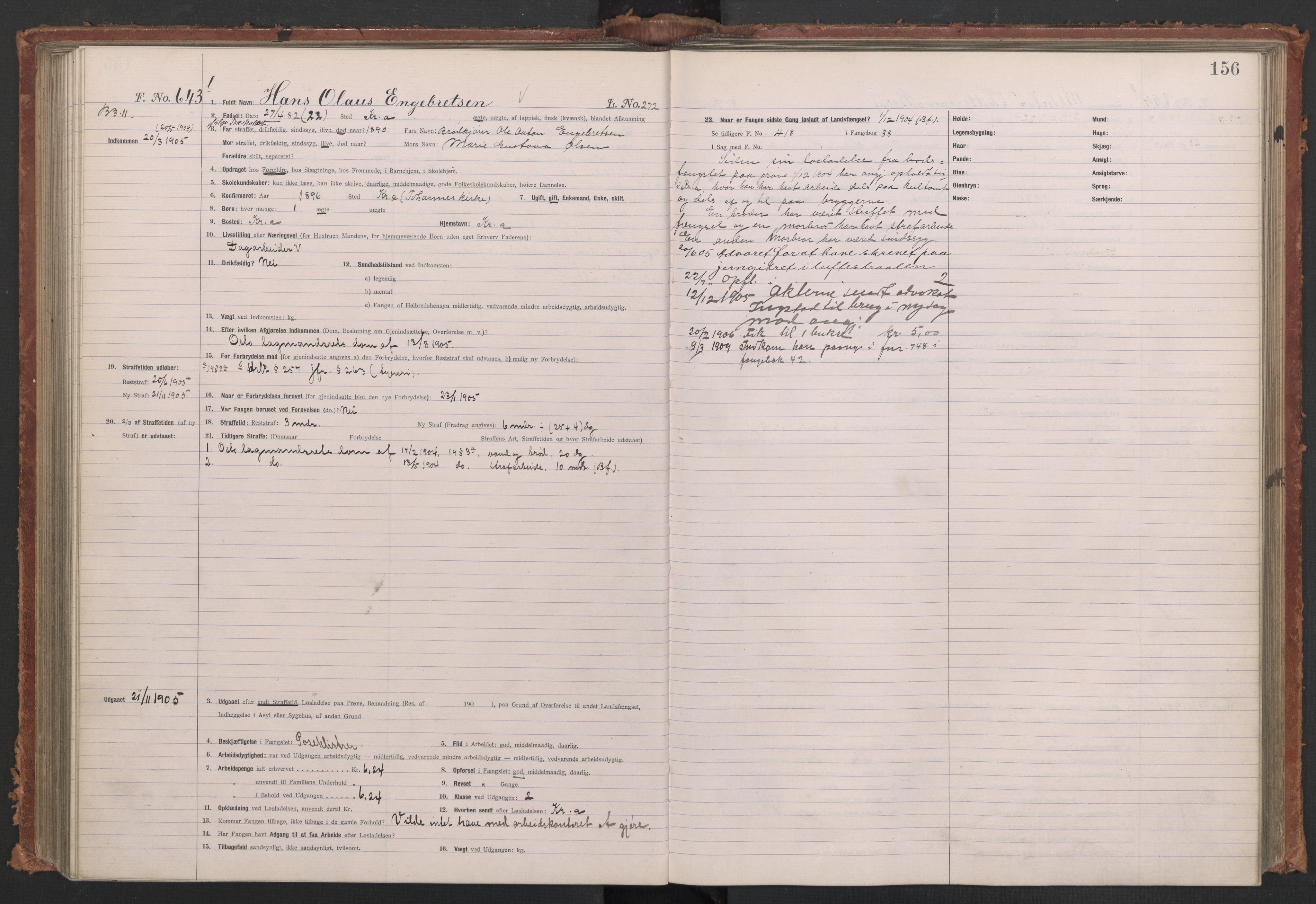Botsfengslet, AV/RA-S-1539/D/Db/Dbb/L0039: 488l - 820l, 1904-1905, s. 156