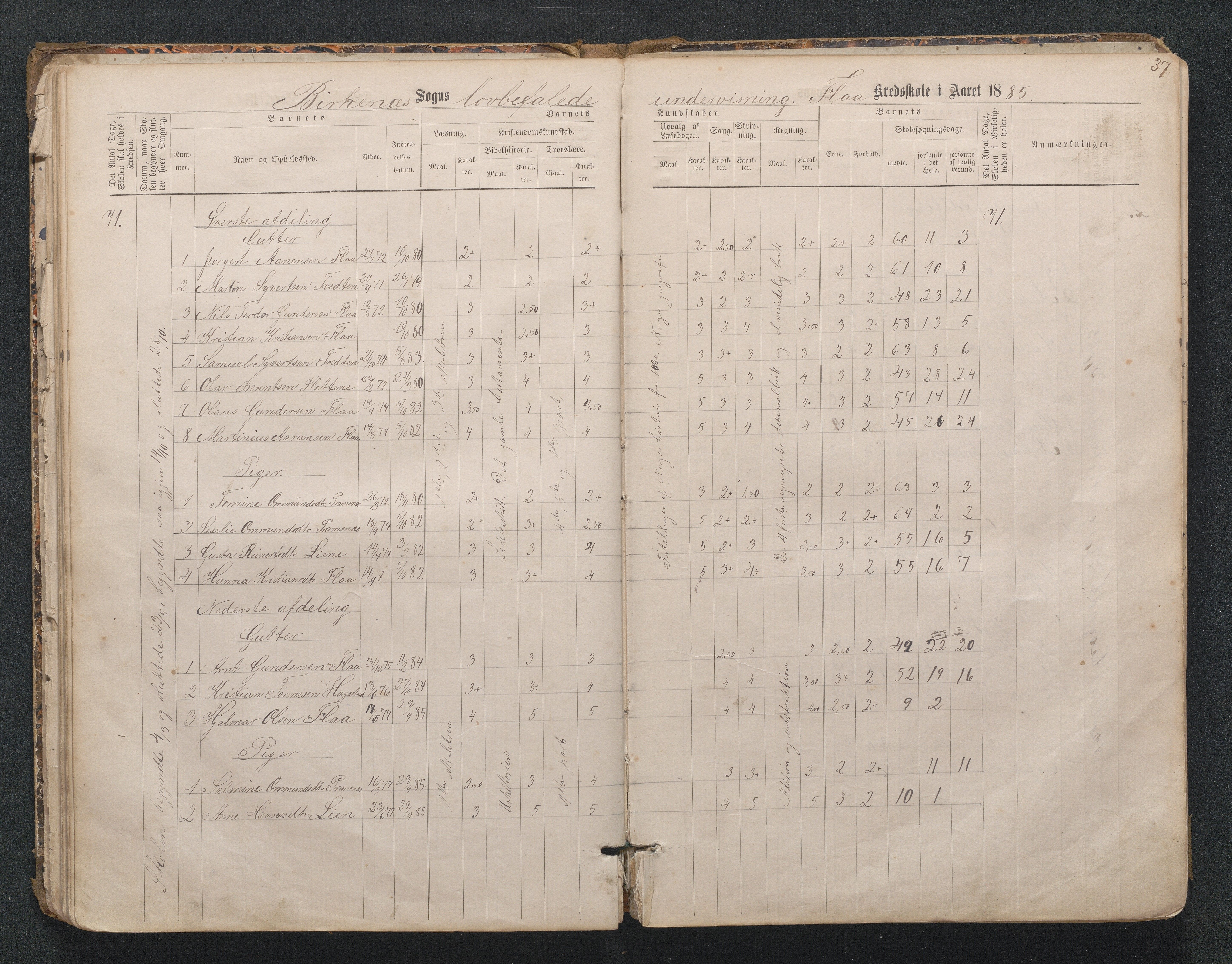 Birkenes kommune, Mosfjell skolekrets, AAMA/KA0928-550f_91/F02/L0001: Skoleprotokoll Flå og Mosfjell, 1867-1909, s. 37
