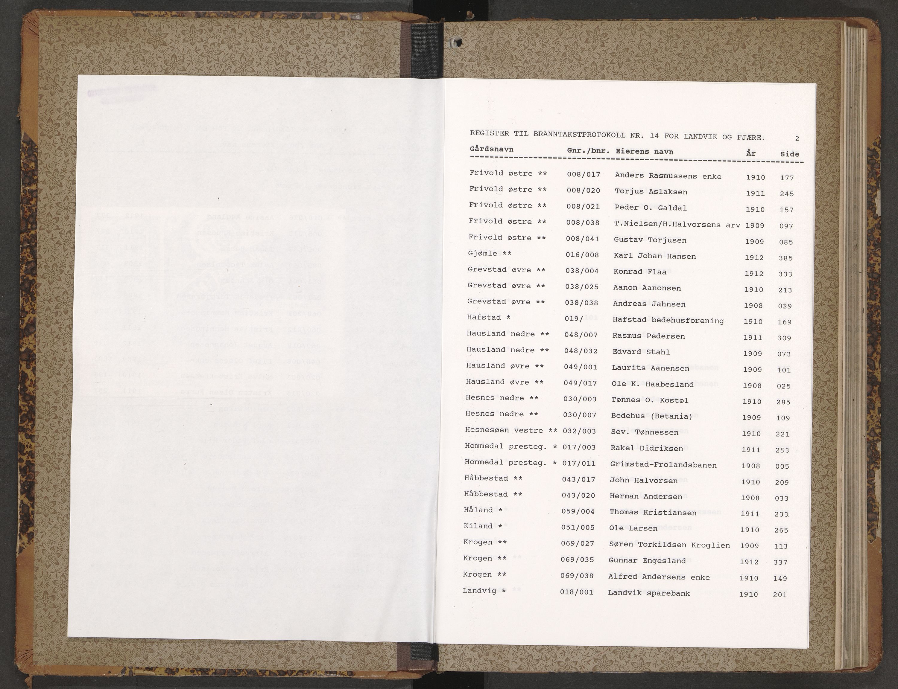 Norges Brannkasse Landvik og Fjære, AV/SAK-2241-0032/F/Fa/L0014: Branntakstprotokoll nr. 14, 1908-1912