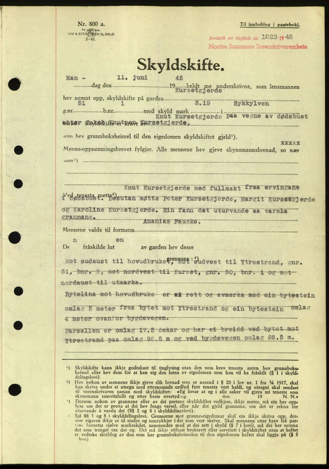 Nordre Sunnmøre sorenskriveri, AV/SAT-A-0006/1/2/2C/2Ca: Pantebok nr. A20a, 1945-1945, Dagboknr: 1023/1945