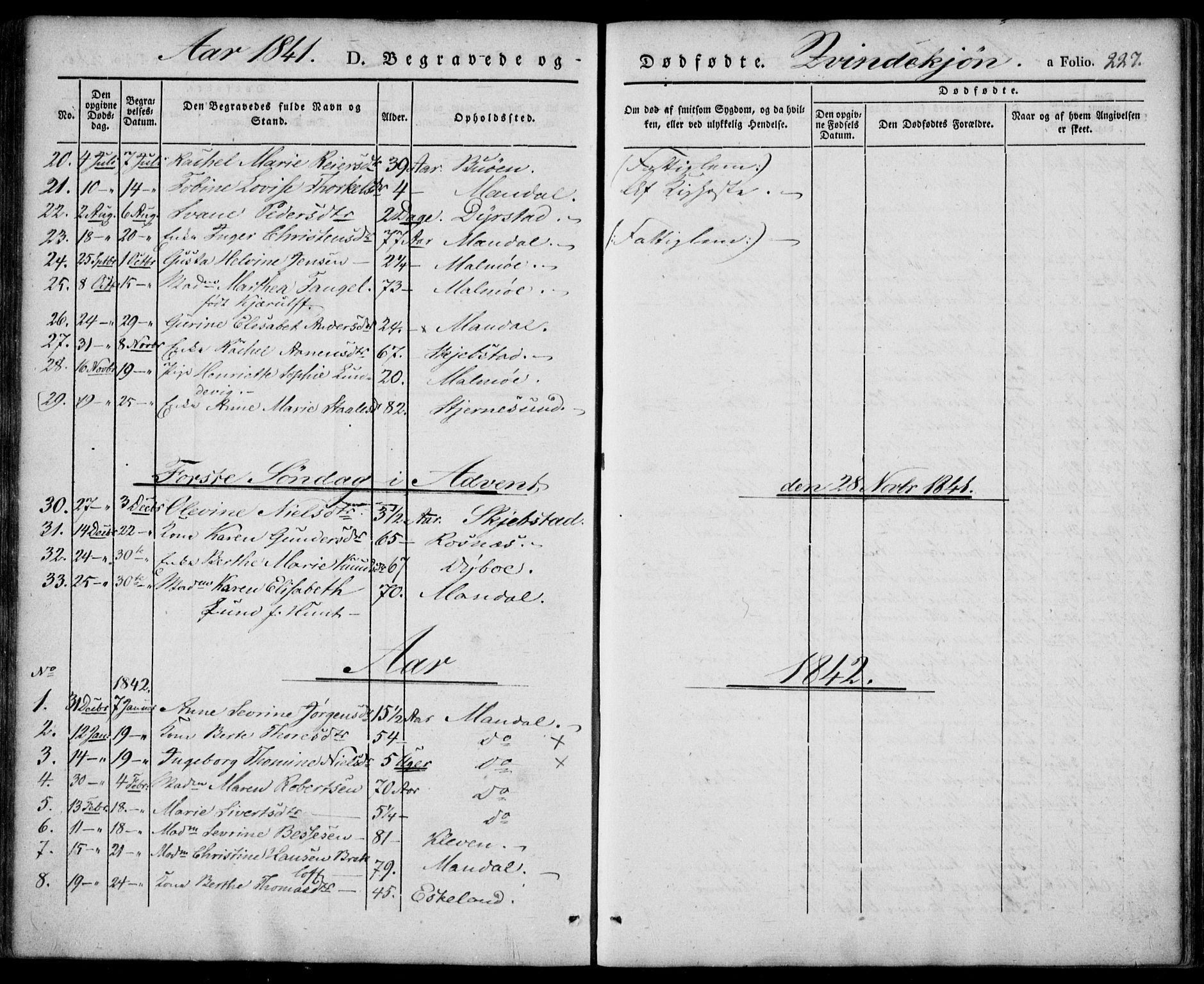 Mandal sokneprestkontor, SAK/1111-0030/F/Fa/Faa/L0012: Ministerialbok nr. A 12, 1840-1847, s. 227