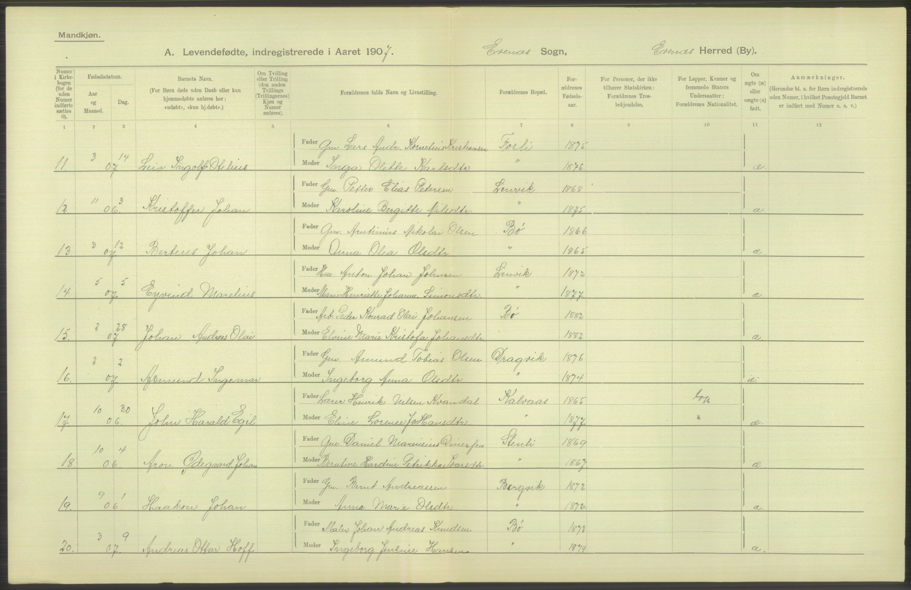 Statistisk sentralbyrå, Sosiodemografiske emner, Befolkning, AV/RA-S-2228/D/Df/Dfa/Dfae/L0043: Nordlands amt: Levendefødte menn og kvinner. Bygder., 1907, s. 14