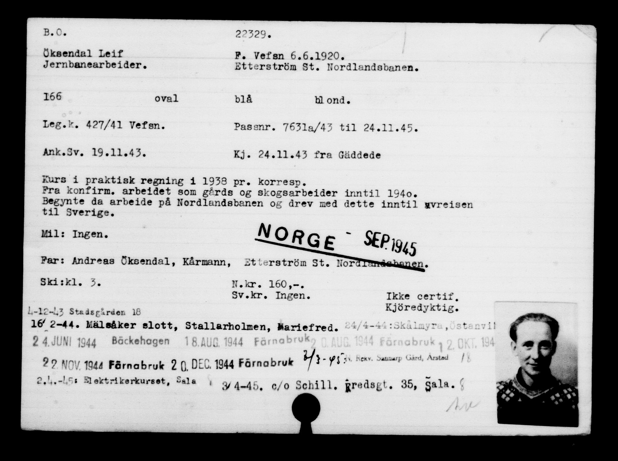 Utenriksstasjonene, Legasjonen i Stockholm, Flyktningkontoret, AV/RA-S-6753/V/Va/L0010: Kjesäterkartoteket, flyktninger med registreringsnr. 22000-25314, 1940-1945, s. 363