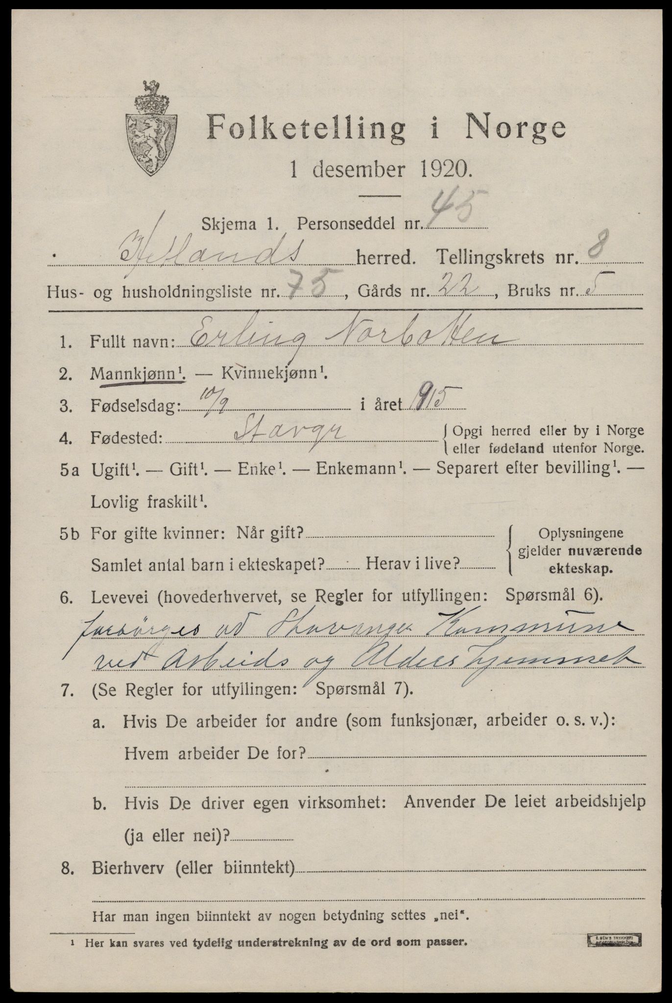 SAST, Folketelling 1920 for 1126 Hetland herred, 1920, s. 16813