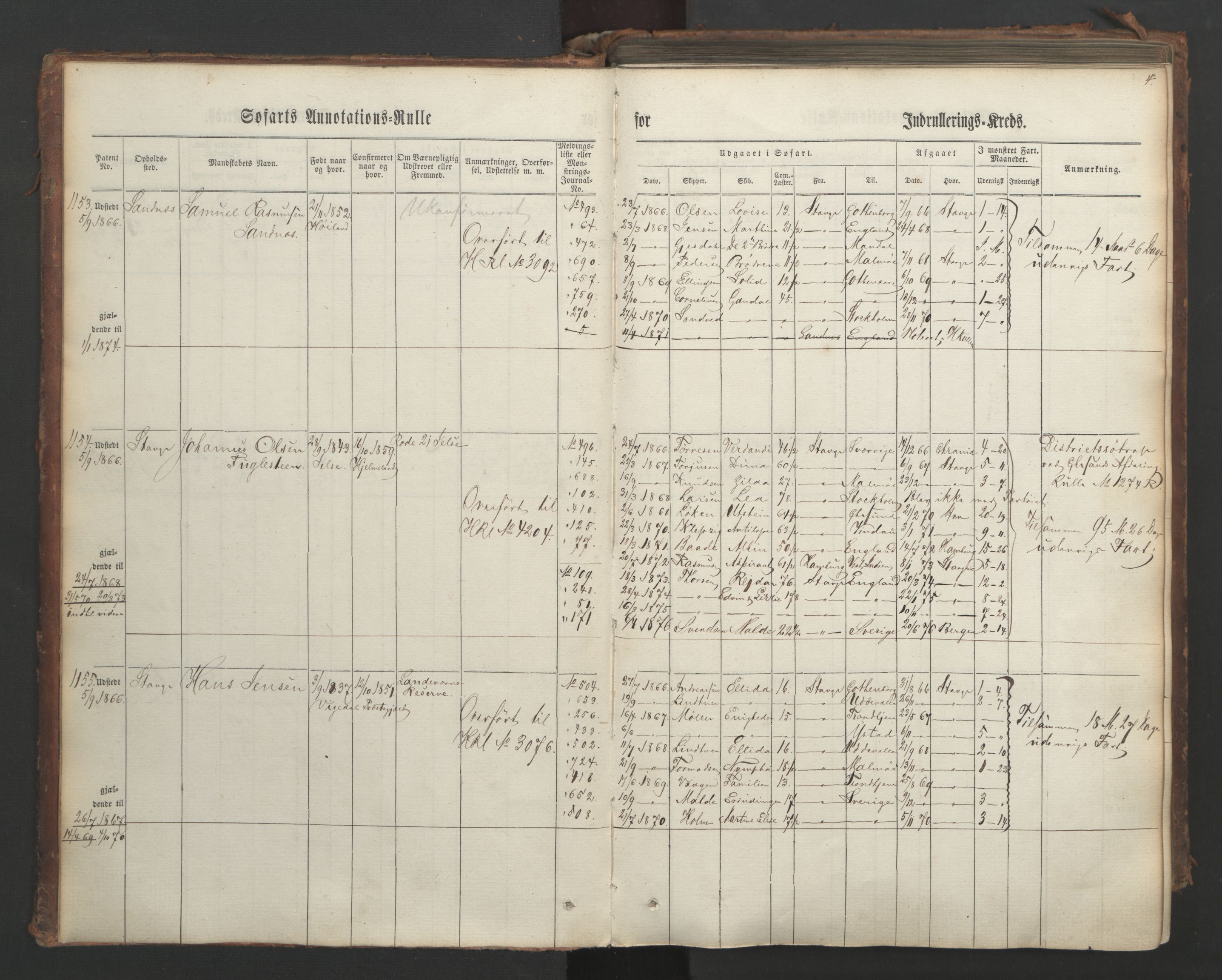Stavanger sjømannskontor, AV/SAST-A-102006/F/Ff/L0003: Annotasjonsrulle, patentnr. 1144-1761, 1866, s. 7