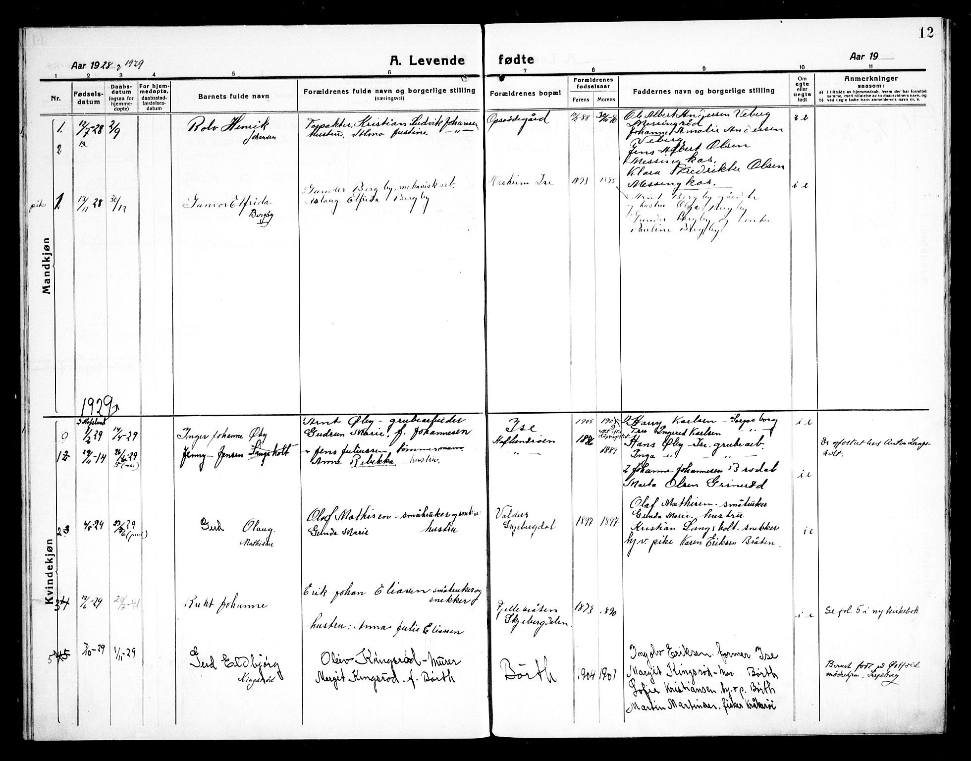 Skjeberg prestekontor Kirkebøker, AV/SAO-A-10923/G/Gc/L0002: Klokkerbok nr. III 2, 1918-1938, s. 12