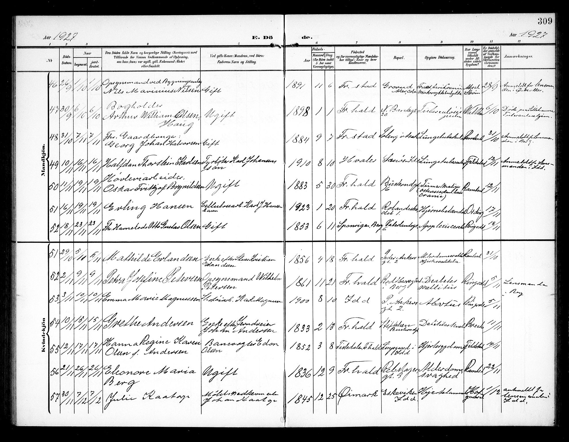 Halden prestekontor Kirkebøker, AV/SAO-A-10909/G/Ga/L0011: Klokkerbok nr. 11, 1906-1934, s. 309