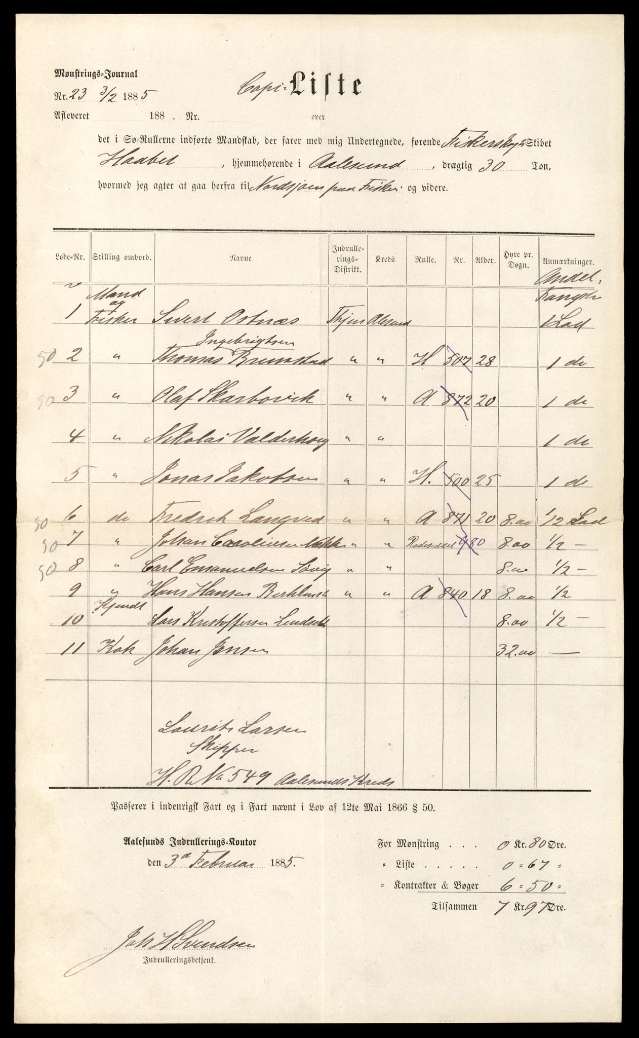Sjøinnrulleringen - Trondhjemske distrikt, AV/SAT-A-5121/01/L0270: Bemannings og mønstringslister for Ålesund krets, 1868-1885, s. 3