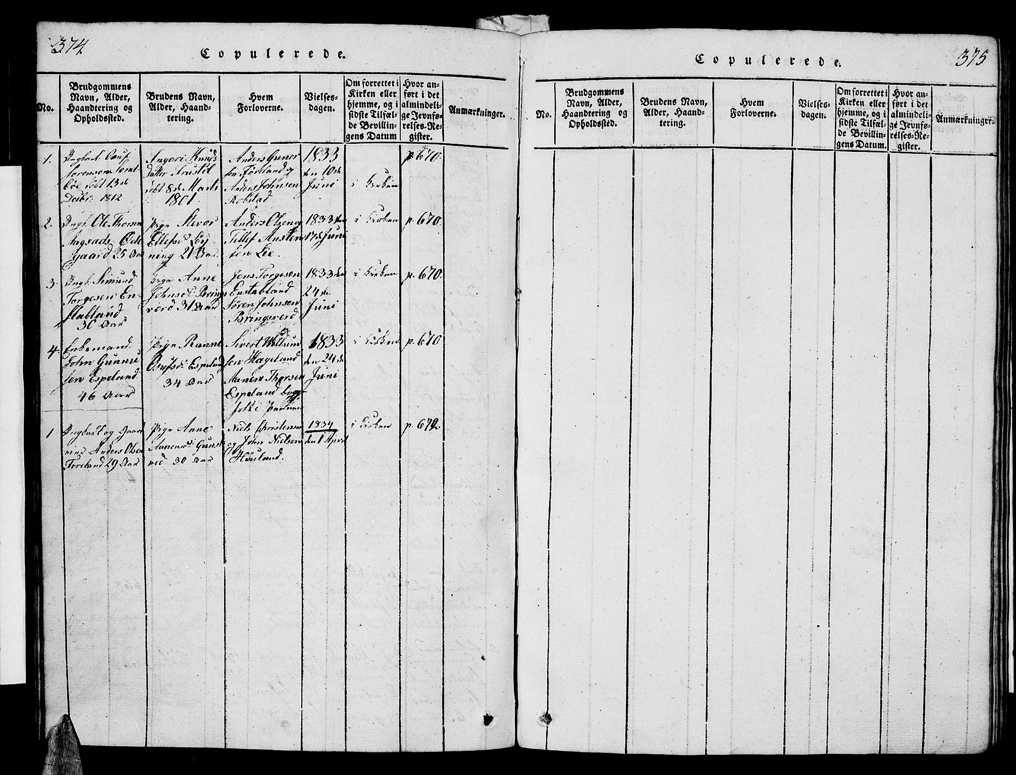 Vennesla sokneprestkontor, SAK/1111-0045/Fb/Fba/L0001: Klokkerbok nr. B 1, 1820-1834, s. 374-375
