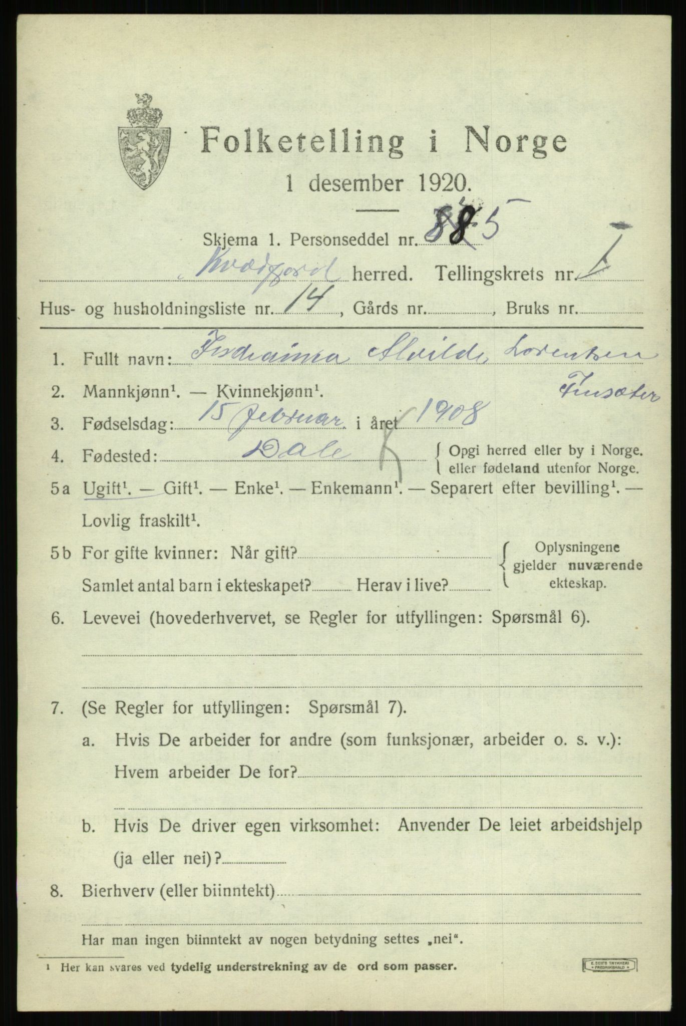 SATØ, Folketelling 1920 for 1911 Kvæfjord herred, 1920, s. 1349