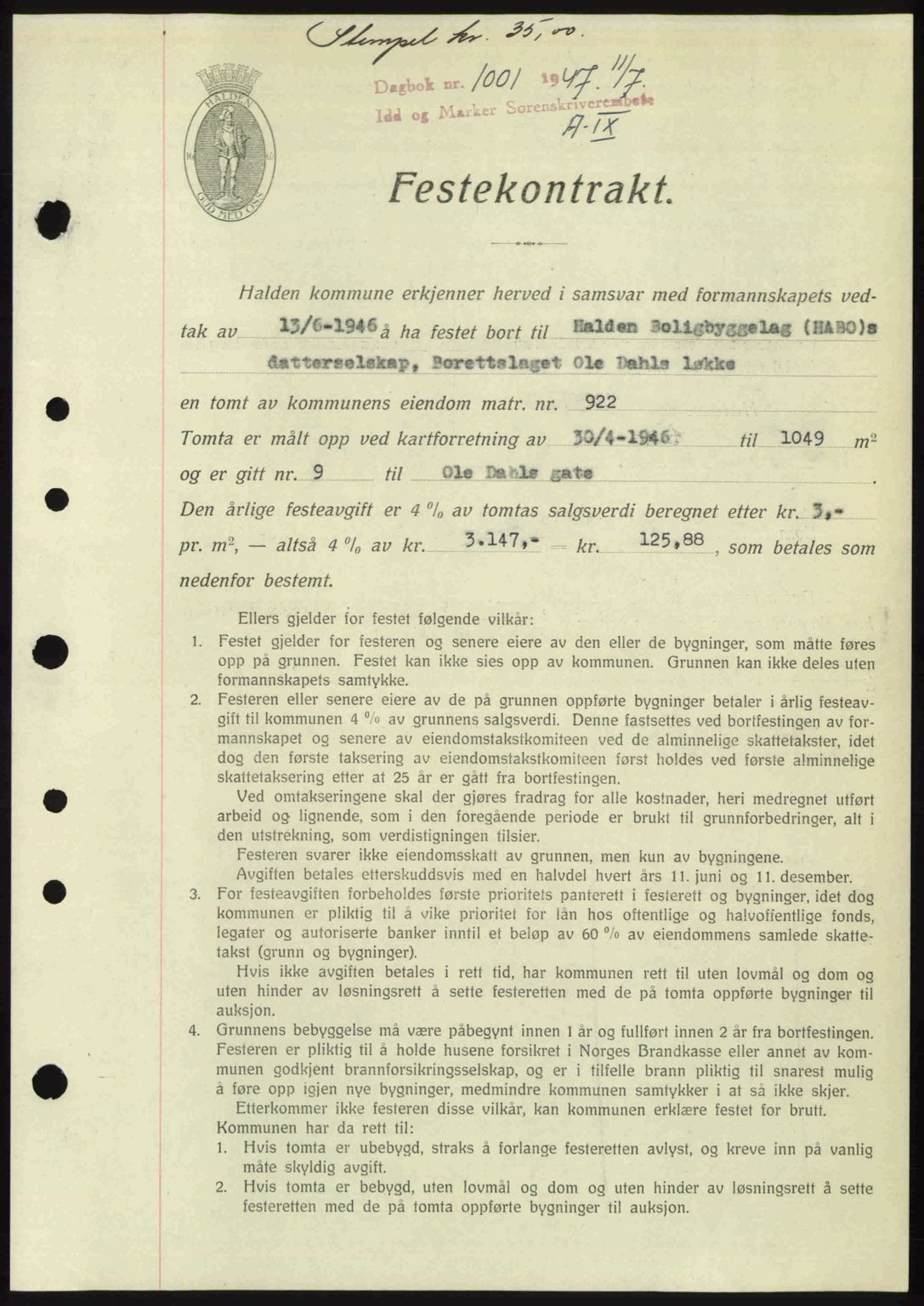 Idd og Marker sorenskriveri, SAO/A-10283/G/Gb/Gbb/L0009: Pantebok nr. A9, 1946-1947, Dagboknr: 1001/1947