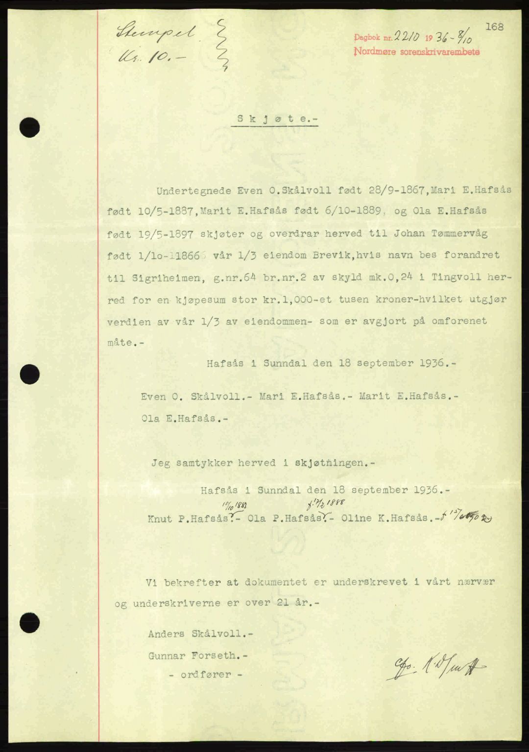 Nordmøre sorenskriveri, SAT/A-4132/1/2/2Ca: Pantebok nr. A80, 1936-1937, Dagboknr: 2210/1936