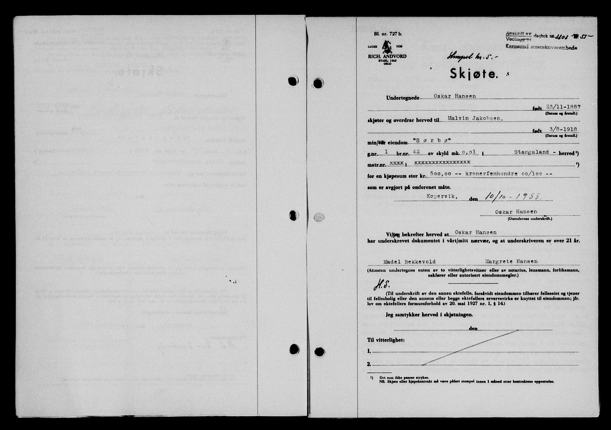 Karmsund sorenskriveri, SAST/A-100311/01/II/IIB/L0117: Pantebok nr. 97Aa, 1955-1955, Dagboknr: 3303/1955