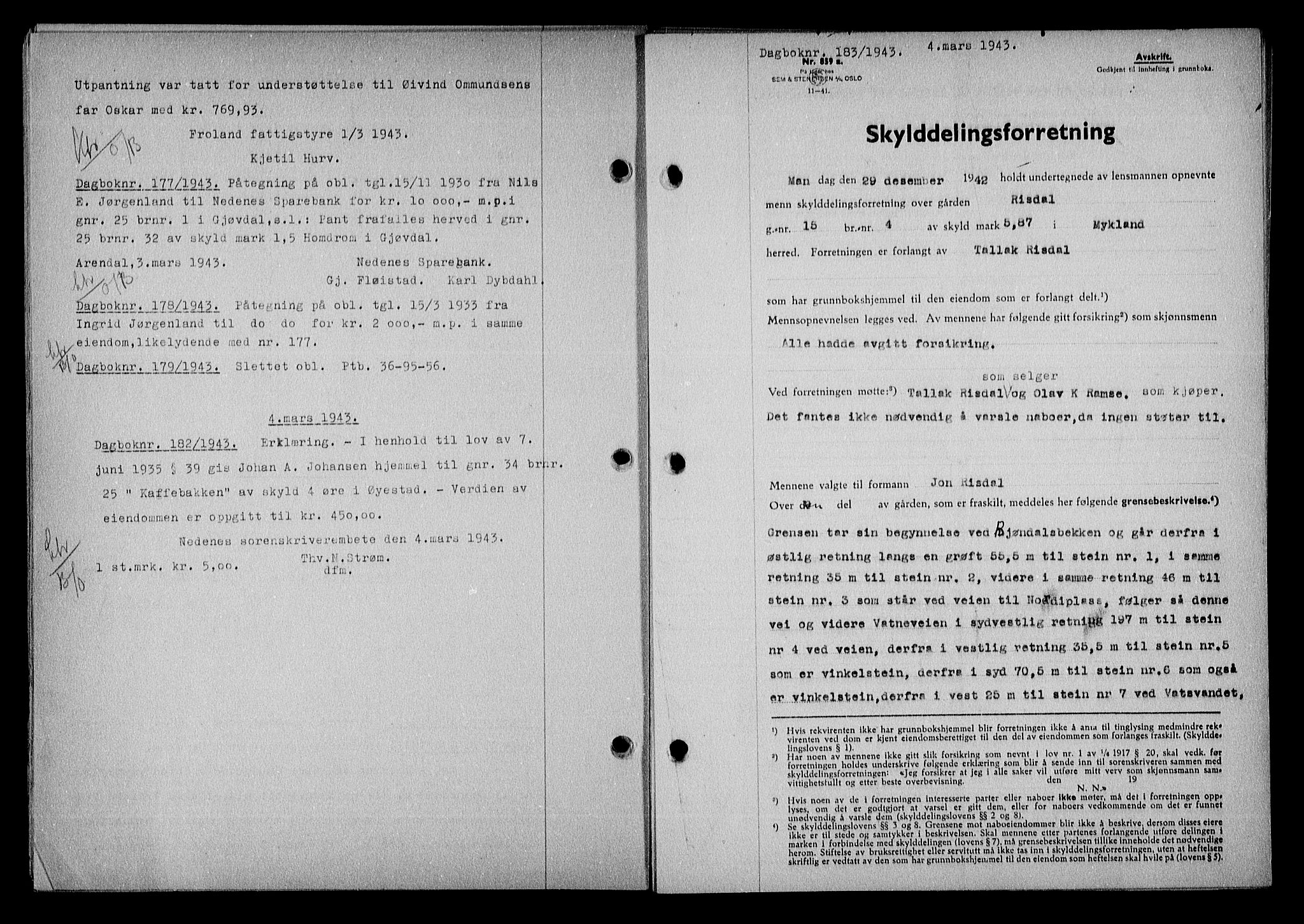 Nedenes sorenskriveri, AV/SAK-1221-0006/G/Gb/Gba/L0050: Pantebok nr. A-IV, 1942-1943, Dagboknr: 183/1943