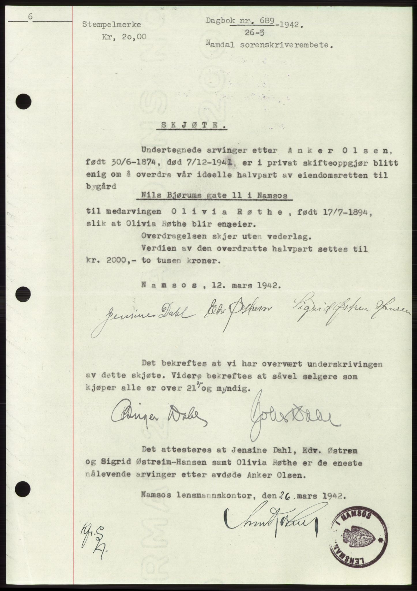 Namdal sorenskriveri, SAT/A-4133/1/2/2C: Pantebok nr. -, 1941-1942, Dagboknr: 689/1942