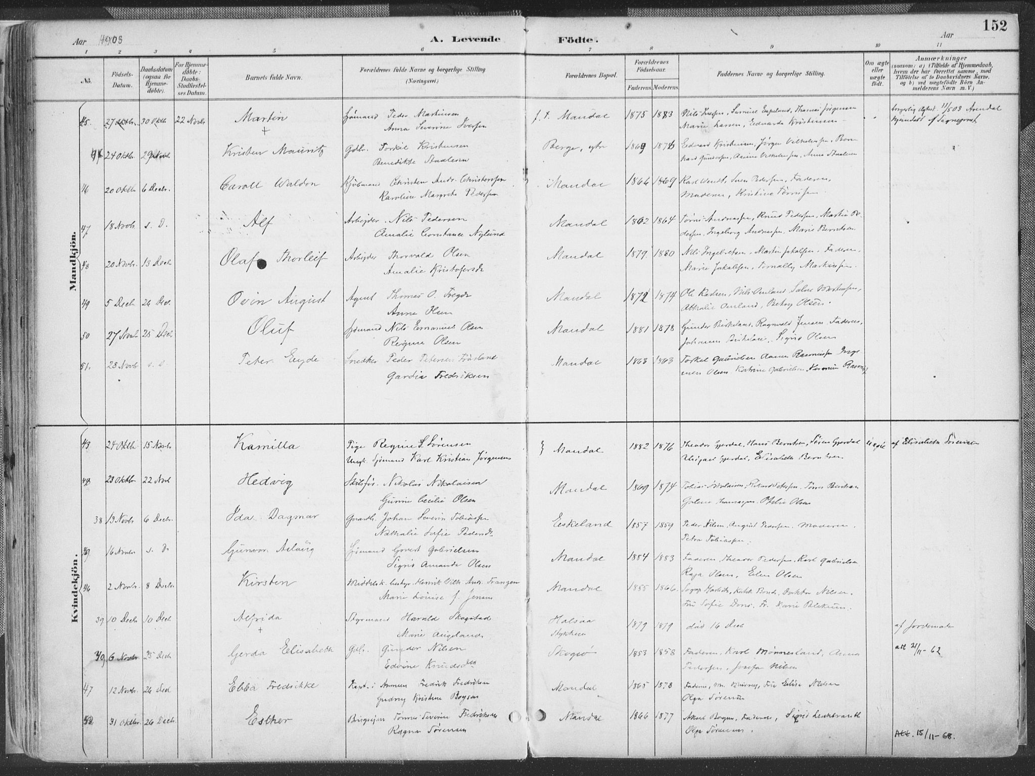 Mandal sokneprestkontor, SAK/1111-0030/F/Fa/Faa/L0018: Ministerialbok nr. A 18, 1890-1905, s. 152