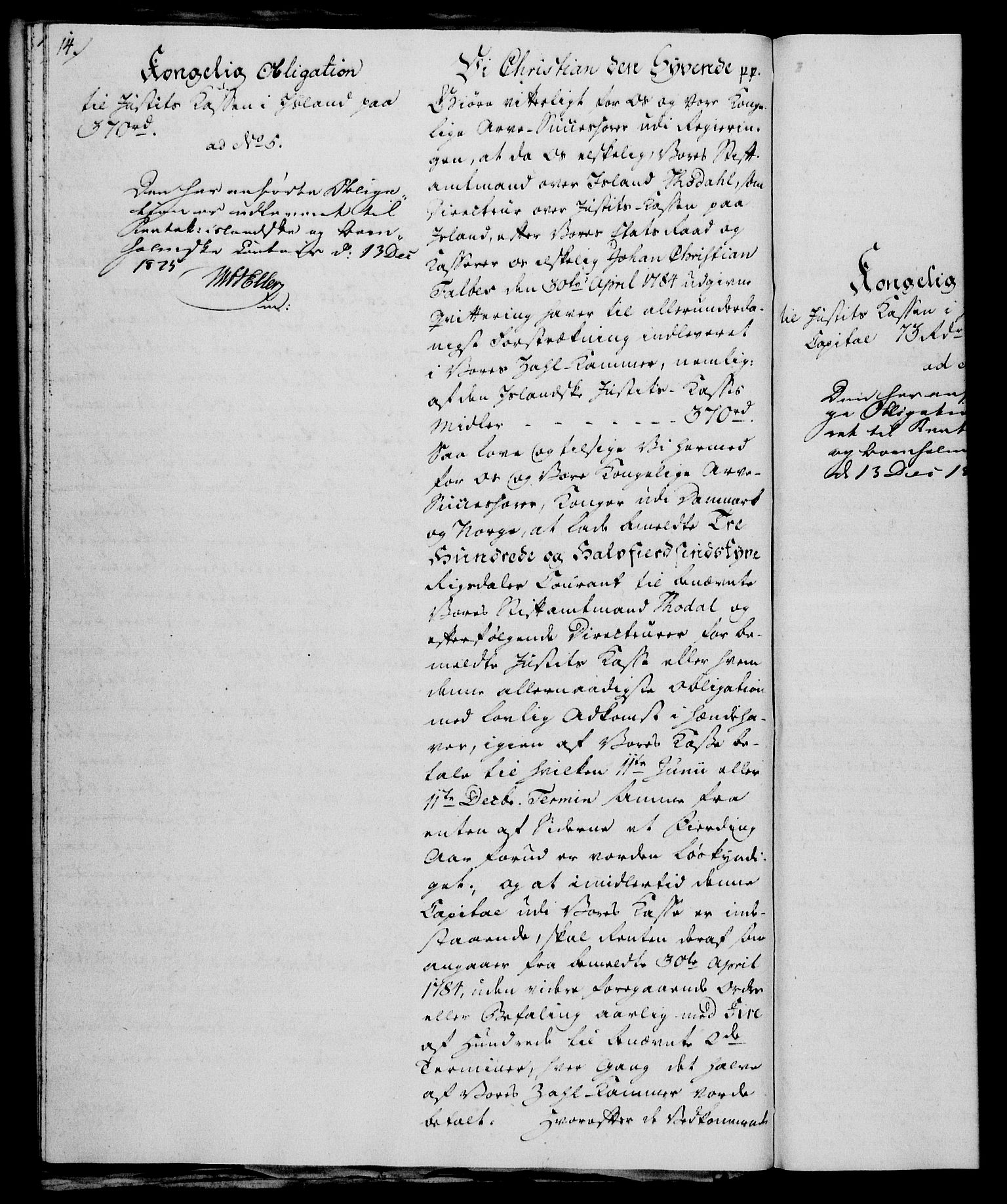 Rentekammeret, Kammerkanselliet, AV/RA-EA-3111/G/Gh/Ghc/L0001: Norsk-islandsk obligasjonsprotokoll (merket RK 53.38), 1780-1812, s. 14