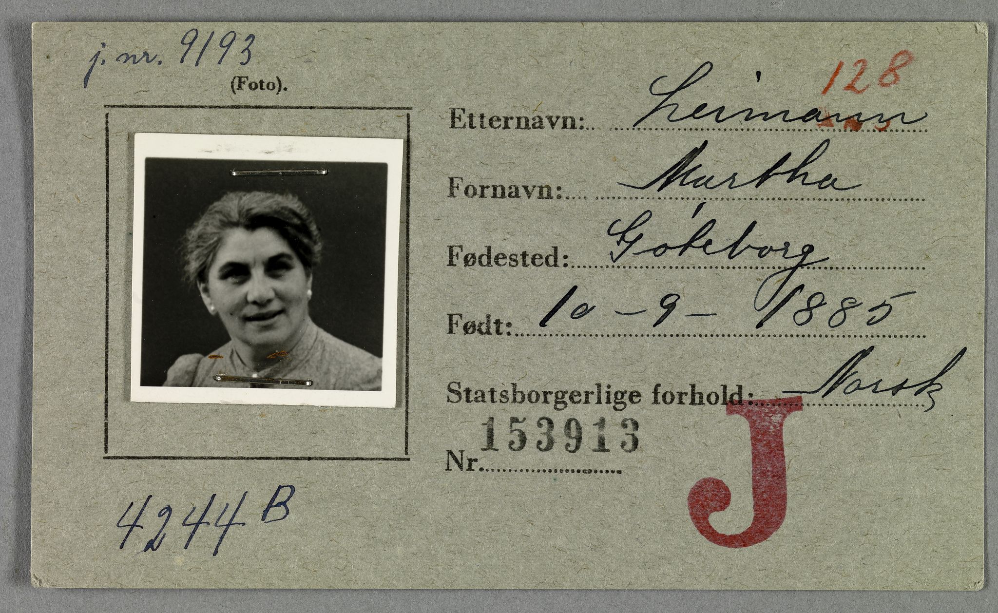 Sosialdepartementet, Våre Falne, AV/RA-S-1708/E/Ee/L0021A: Fotografier av jøder på legitimasjonskort (1941-42), 1941-1942, s. 225