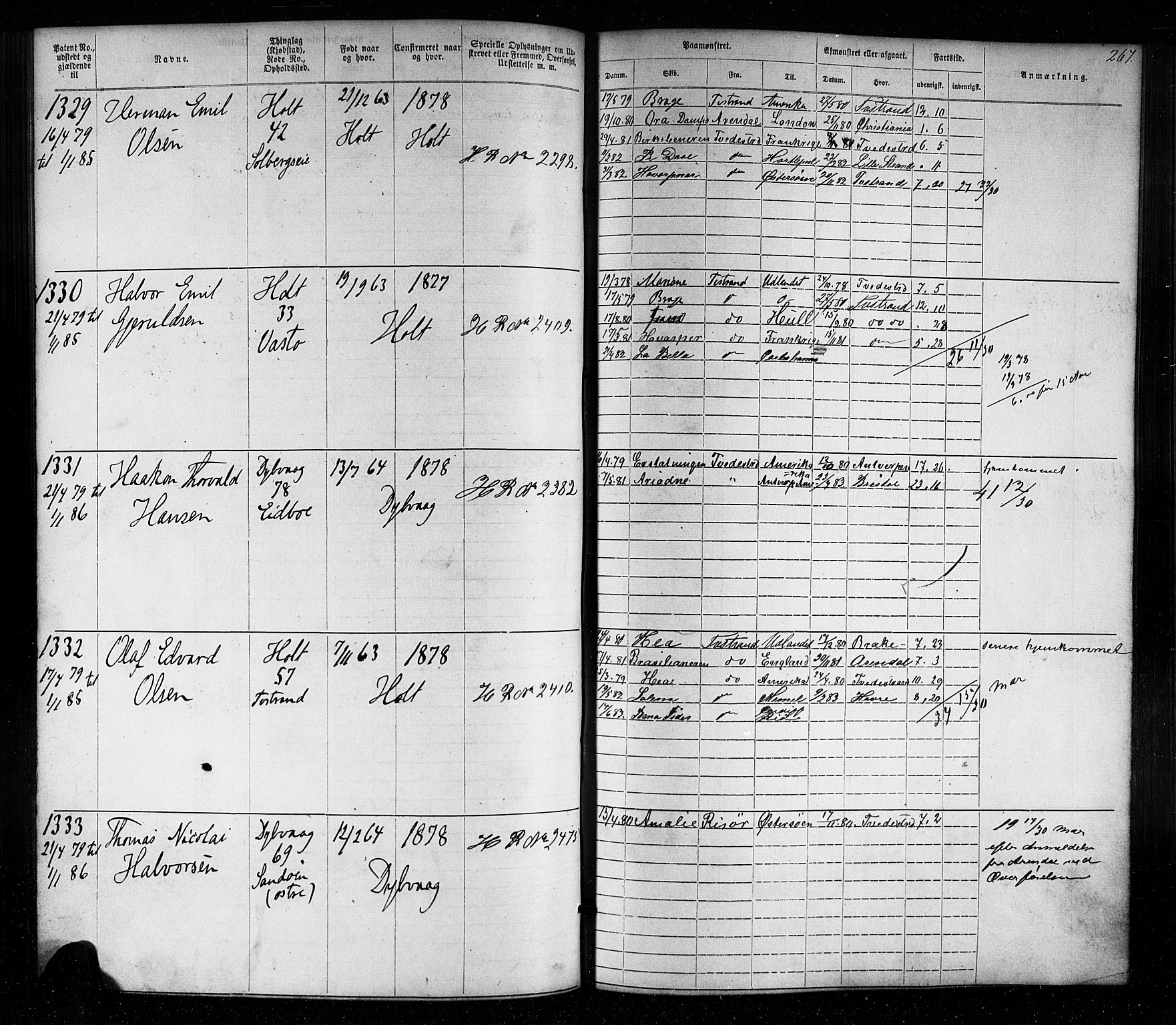 Tvedestrand mønstringskrets, SAK/2031-0011/F/Fa/L0003: Annotasjonsrulle nr 1-1905 med register, U-25, 1866-1886, s. 291