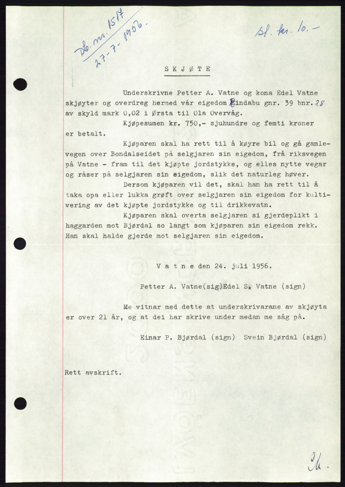 Søre Sunnmøre sorenskriveri, AV/SAT-A-4122/1/2/2C/L0104: Pantebok nr. 30A, 1956-1956, Dagboknr: 1517/1956